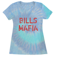 Distressed Bills Mafia Football Ladies V-Neck T-shirt Blue Clouds