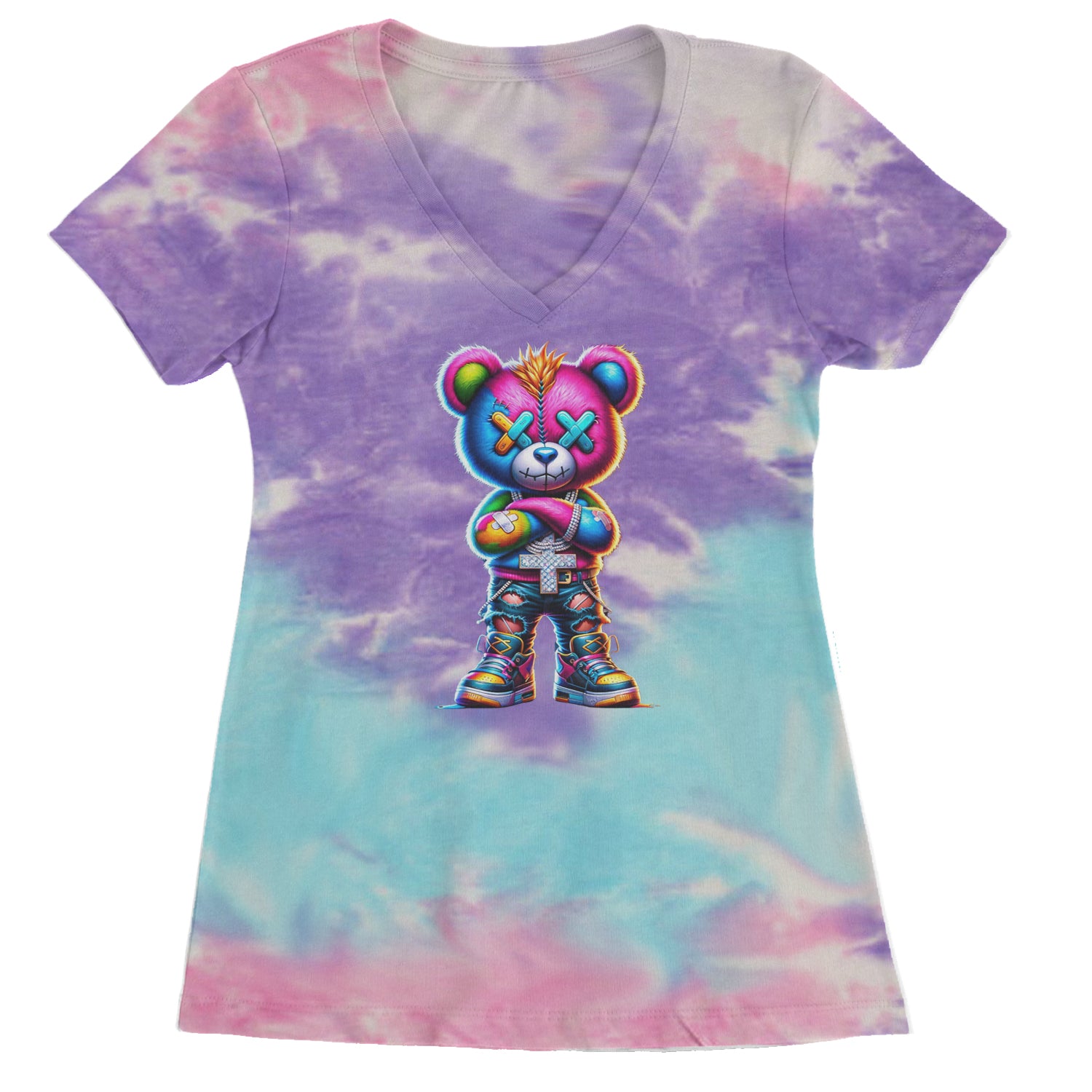 Stitched Neon Urban Graffiti Bear Ladies V-Neck T-shirt Cotton Candy