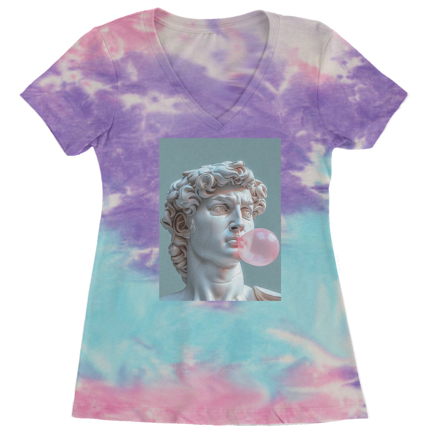 Michelangelo's David with Bubble Gum Contemporary Statue Art Ladies V-Neck T-shirt Cotton Candy