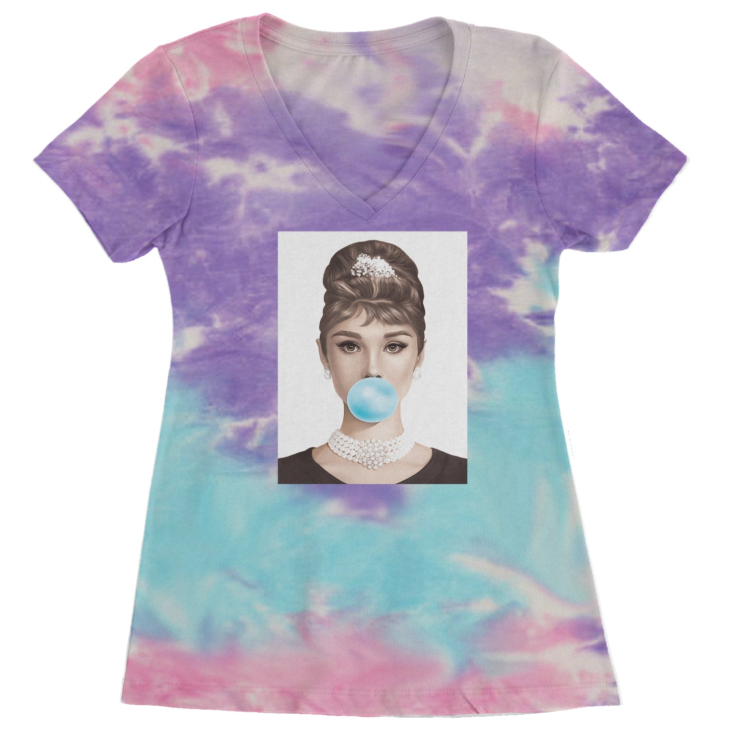 Audrey Hepburn Chewing Bubble Gum American Icon Ladies V-Neck T-shirt Cotton Candy