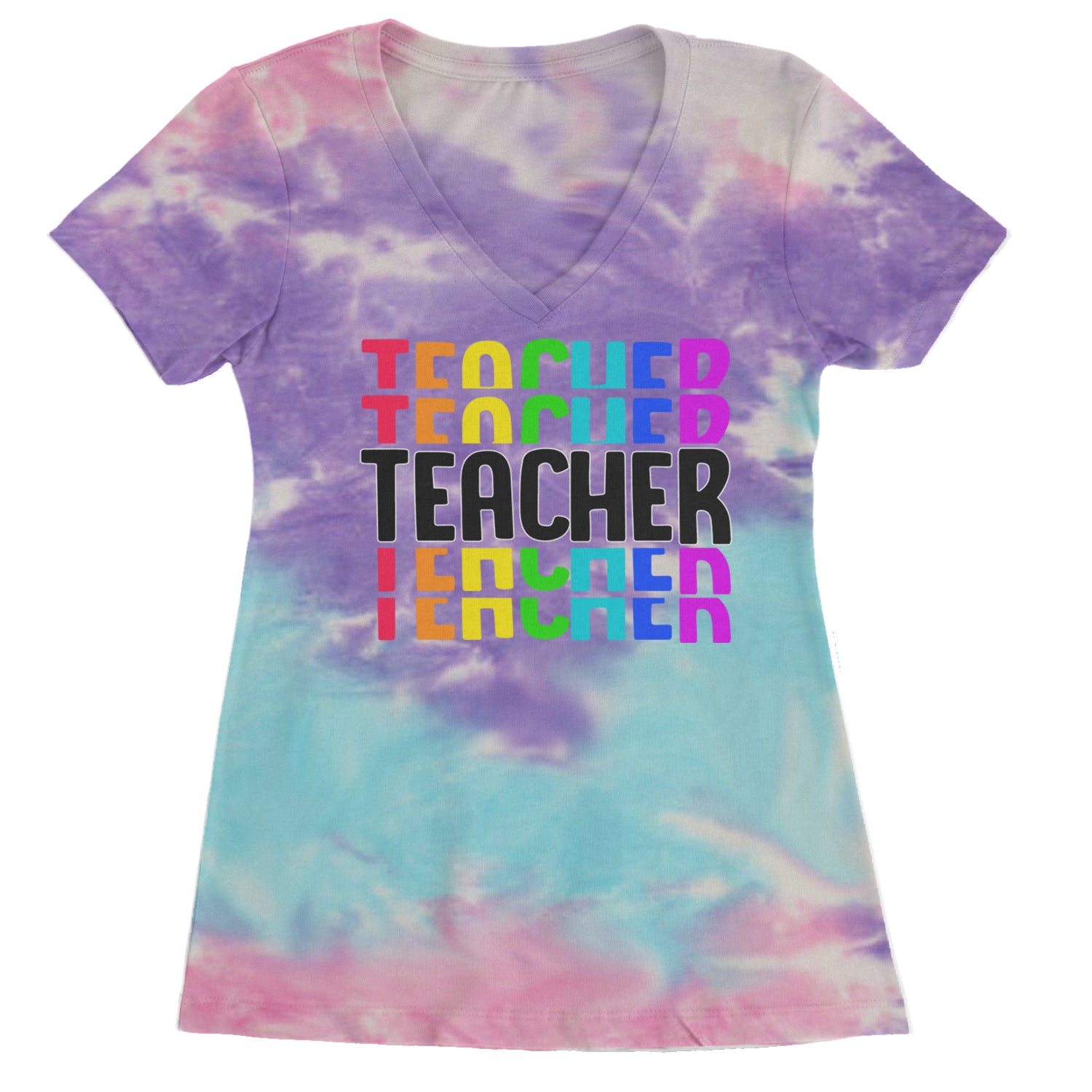 Teacher Repeated Rainbow Pattern Ladies V-Neck T-shirt Cotton Candy