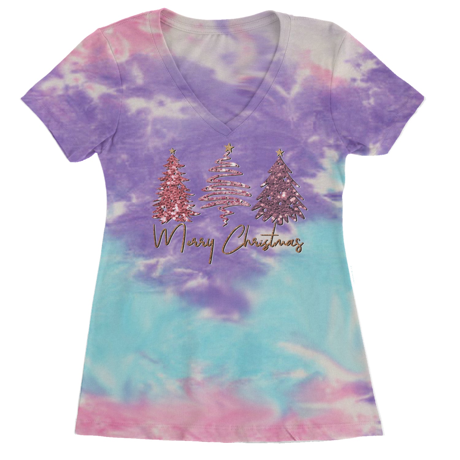 Merry Christmas Faux Glitter Trees Ladies V-Neck T-shirt Cotton Candy