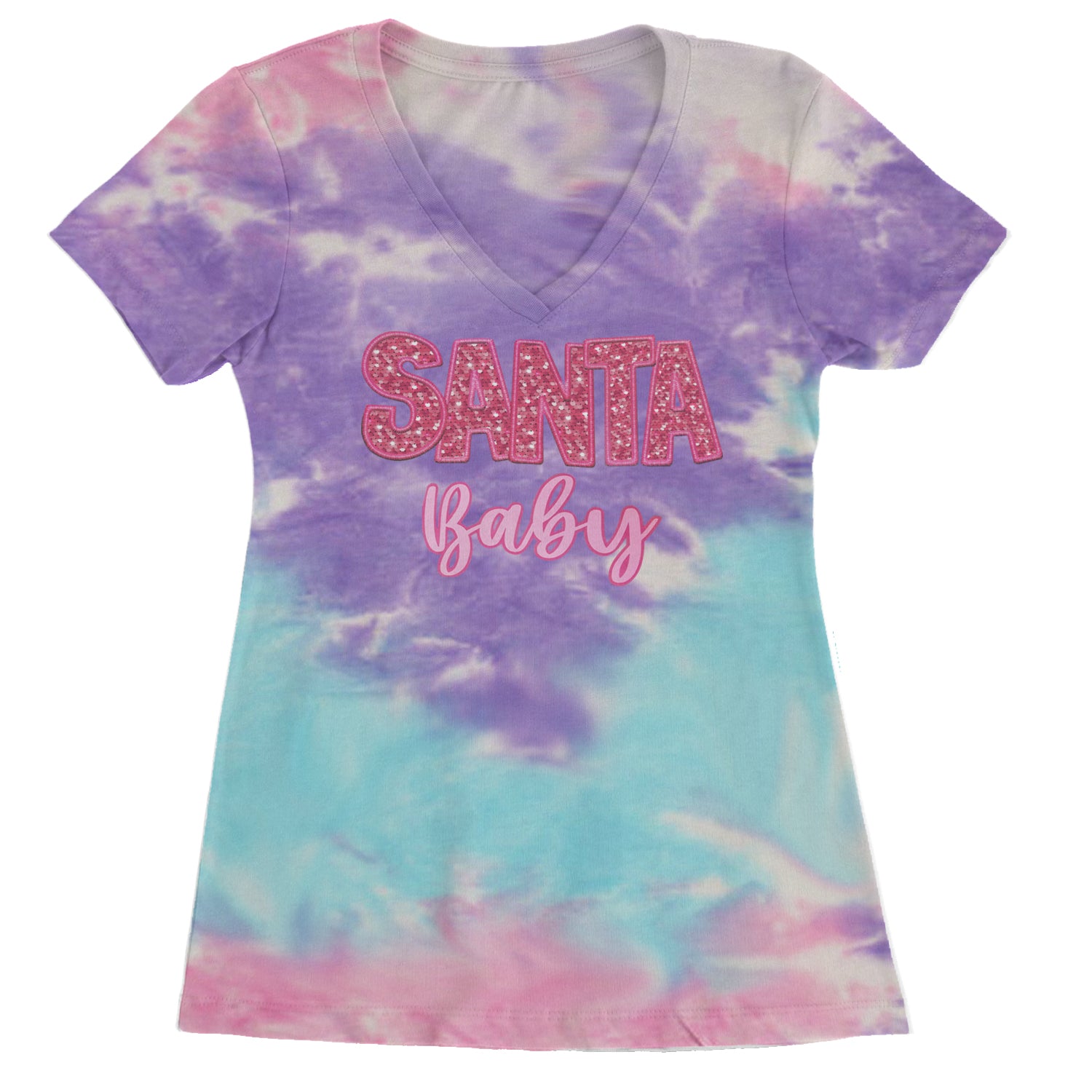 Santa Baby Faux Patch and Sequins Ladies V-Neck T-shirt Cotton Candy