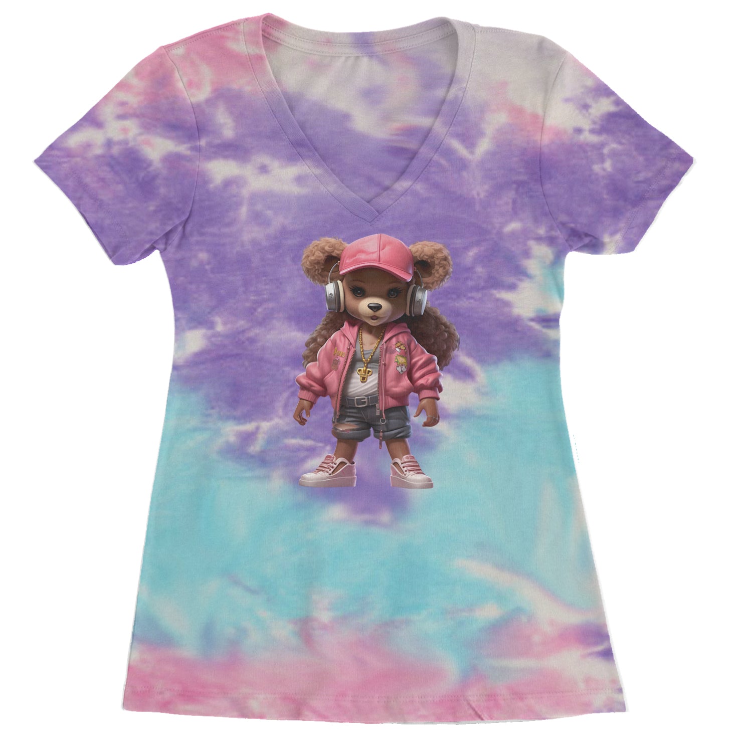 Pink Female Urban Graffiti Bear Ladies V-Neck T-shirt Cotton Candy
