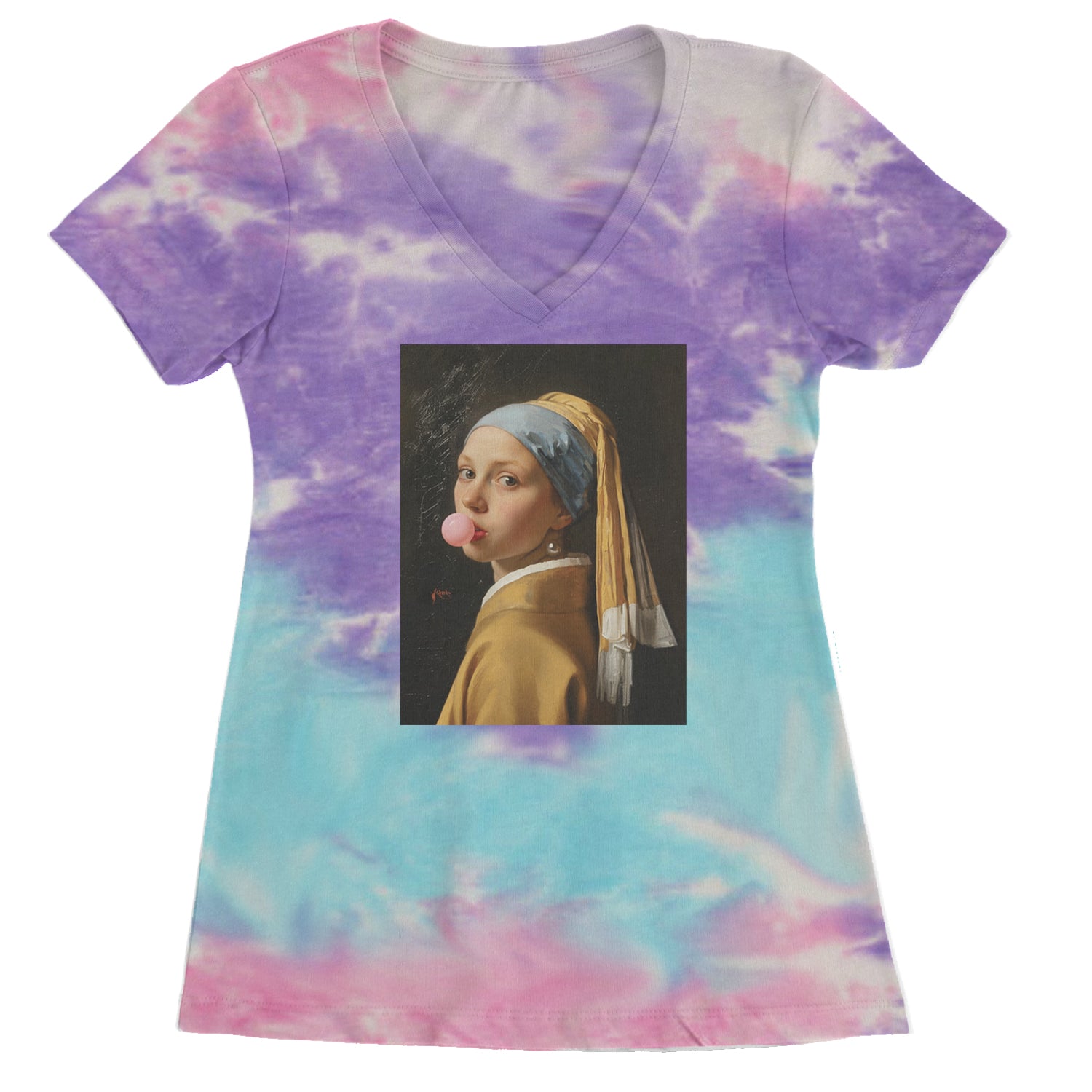 Girl with a Pearl Earring Bubble Gum Contemporary Art Ladies V-Neck T-shirt Cotton Candy