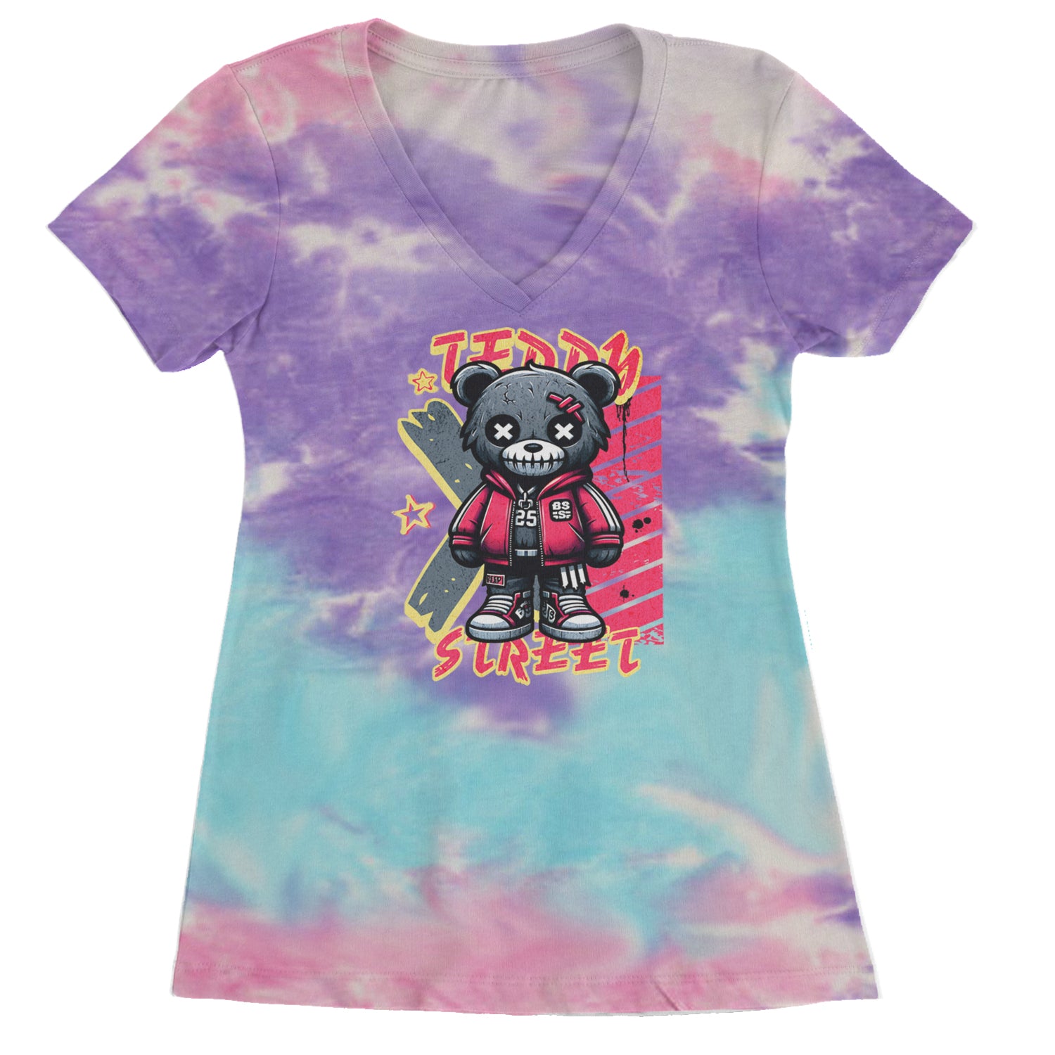 Teddy Attitude Urban Graffiti Bear Ladies V-Neck T-shirt Cotton Candy