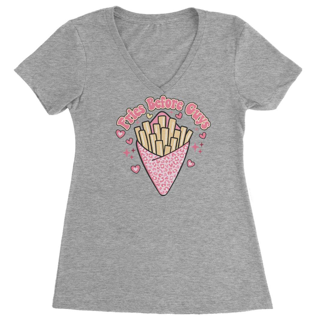 Fries Before Guys Ladies V-Neck T-shirt Heather Grey