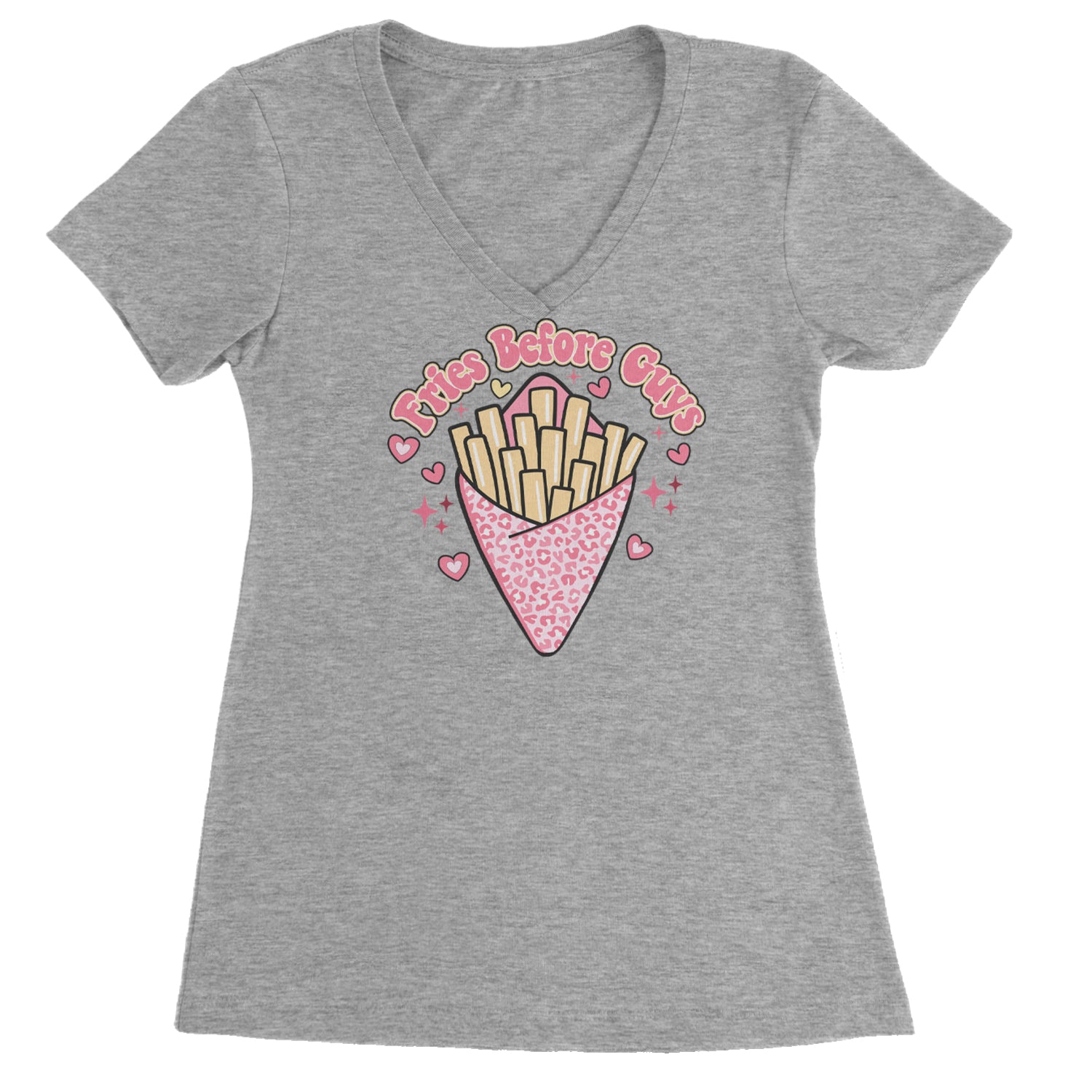 Fries Before Guys Ladies V-Neck T-shirt Heather Grey