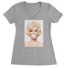 Ms. Monroe Pink Bubble Gum American Icon Ladies V-Neck T-shirt Heather Grey