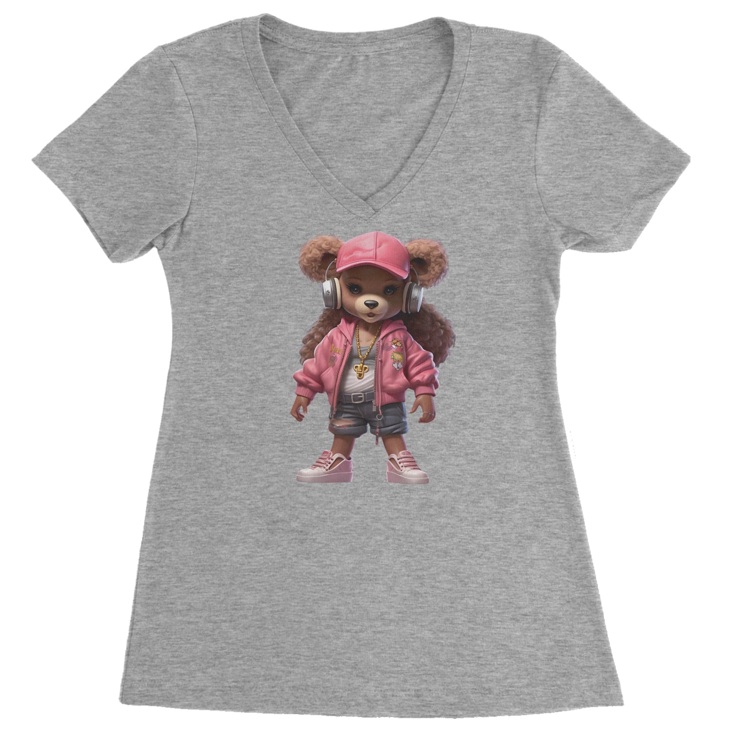 Pink Female Urban Graffiti Bear Ladies V-Neck T-shirt Heather Grey