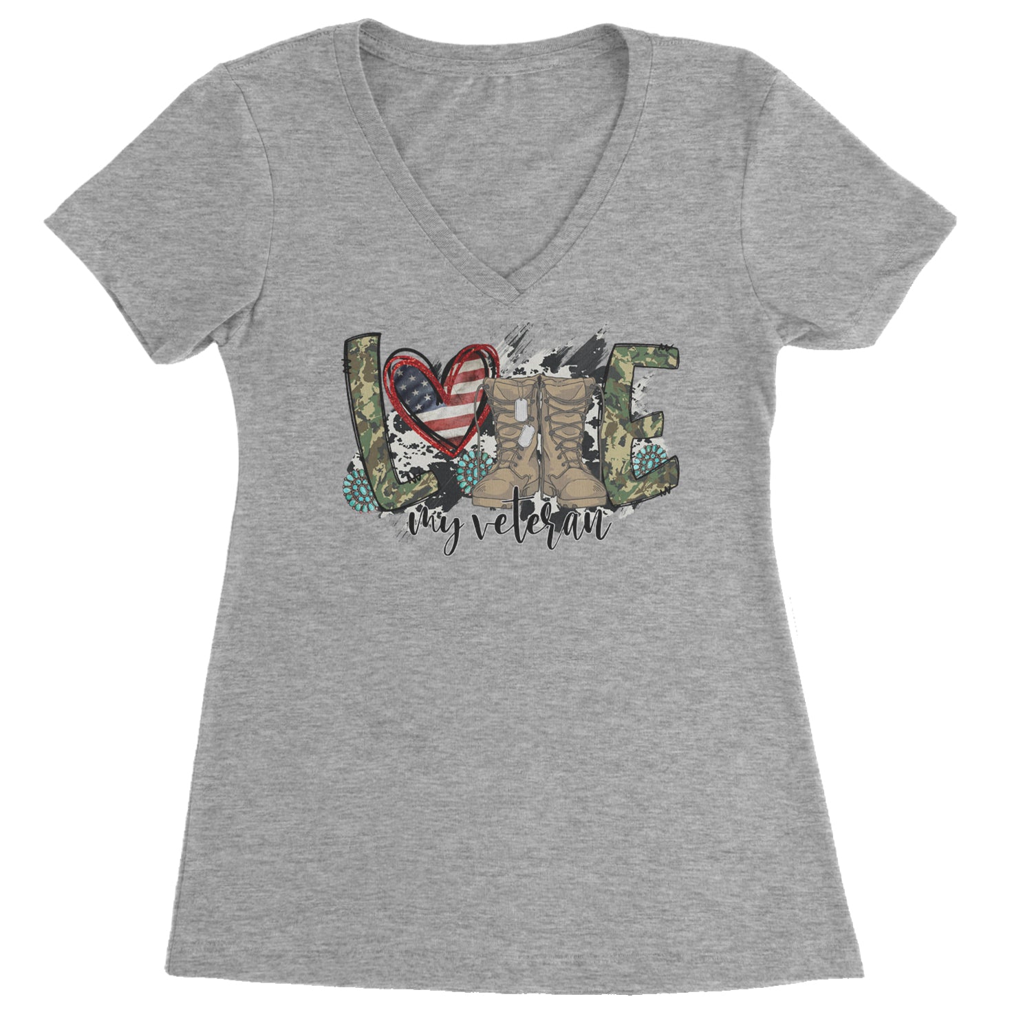 Love My Veteran Honor Veterans Day Ladies V-Neck T-shirt Heather Grey