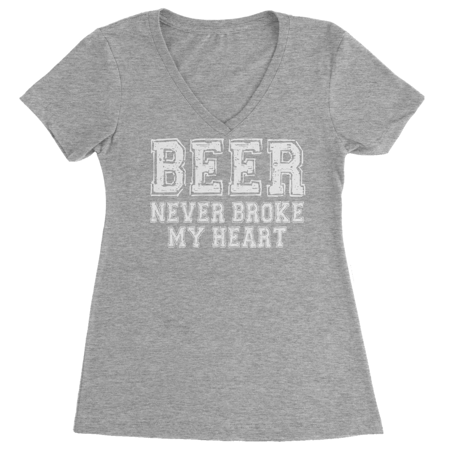 Beer Never Broke My Heart Funny Drinking Ladies V-Neck T-shirt Heather Grey