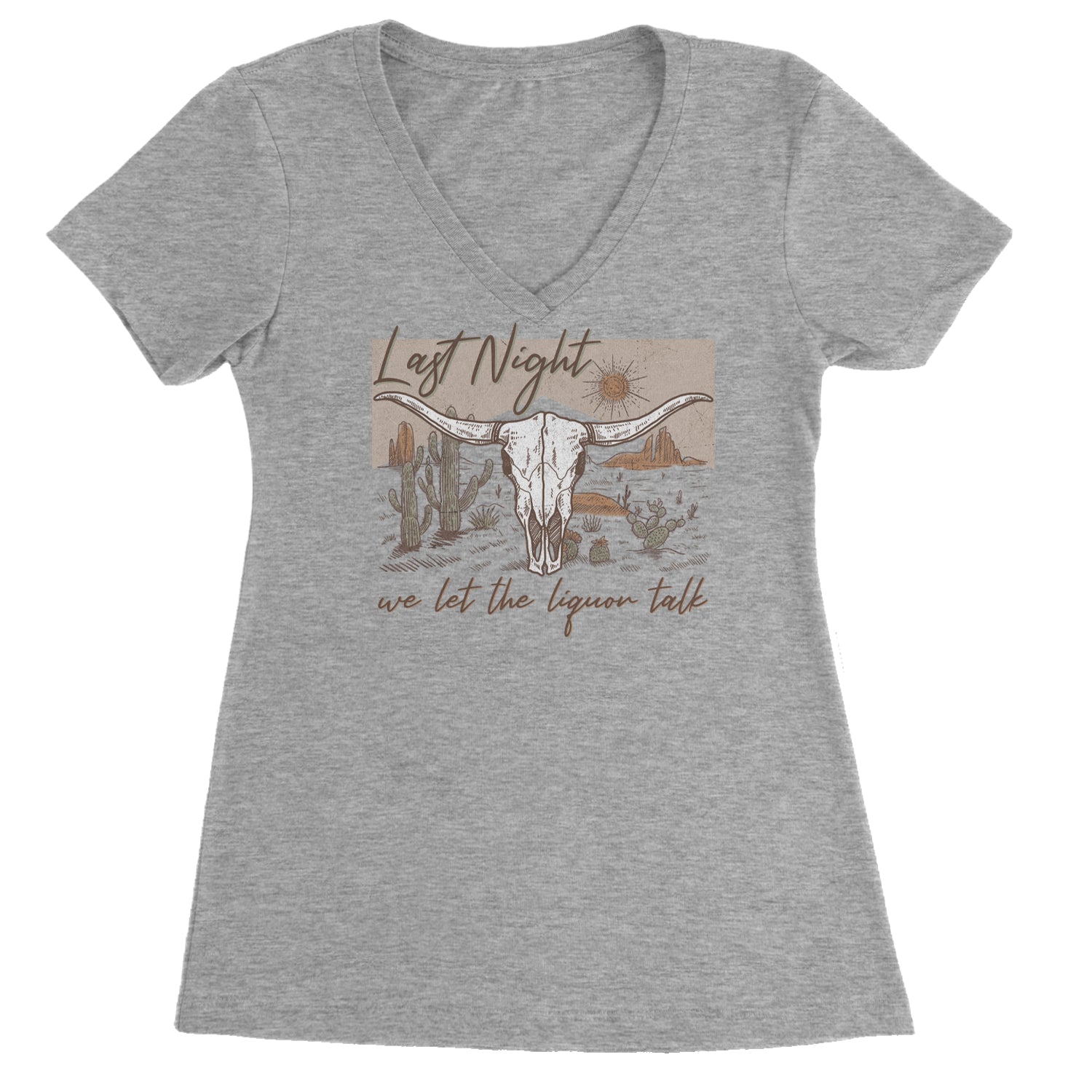 Last Night We Let The Liquor Talk Country Music Western Ladies V-Neck T-shirt Heather Grey