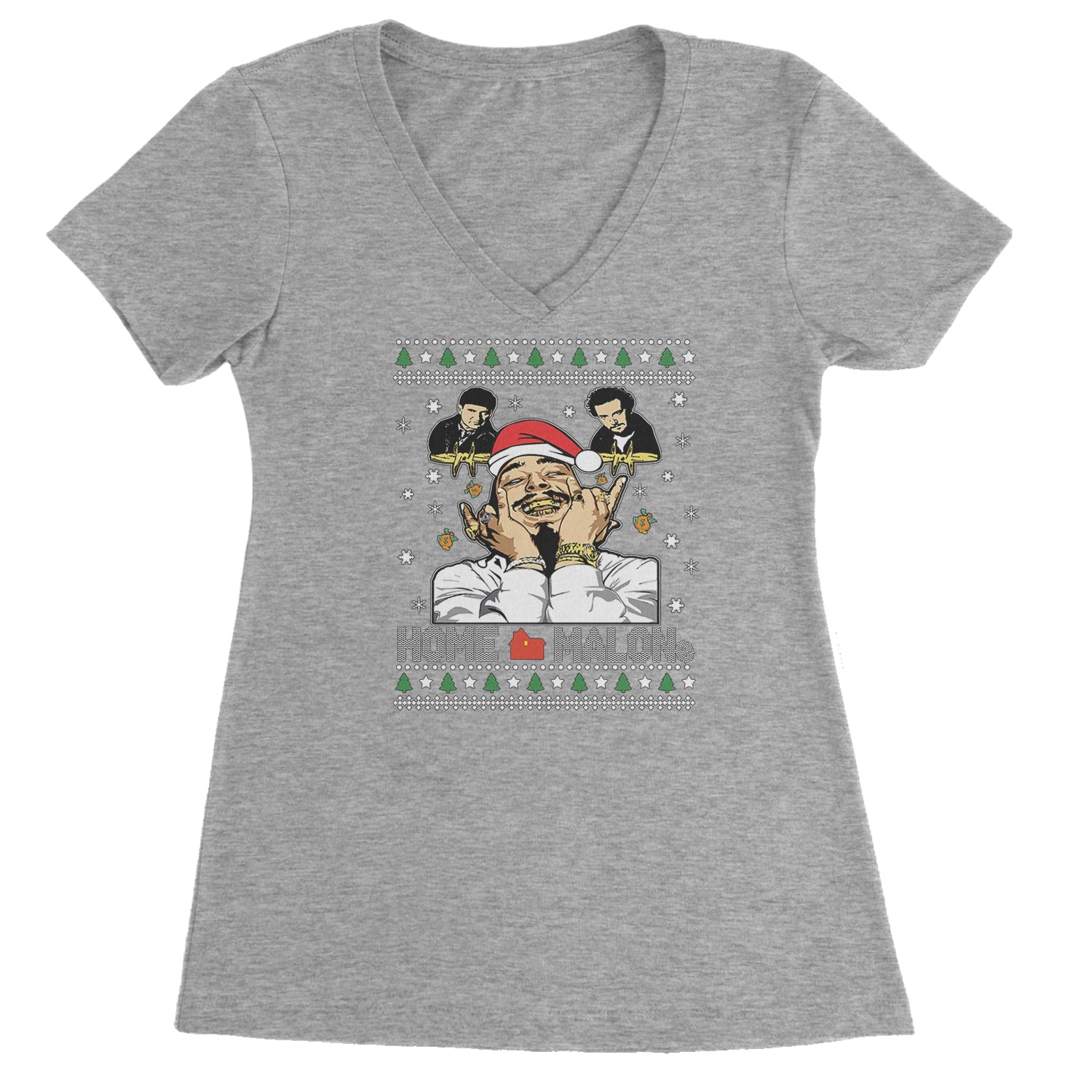 Home Malone Ugly Christmas Ladies V-Neck T-shirt Heather Grey