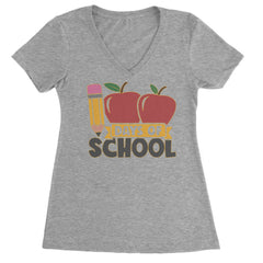 100 Days Of School Apple Pencil Ladies V-Neck T-shirt Heather Grey