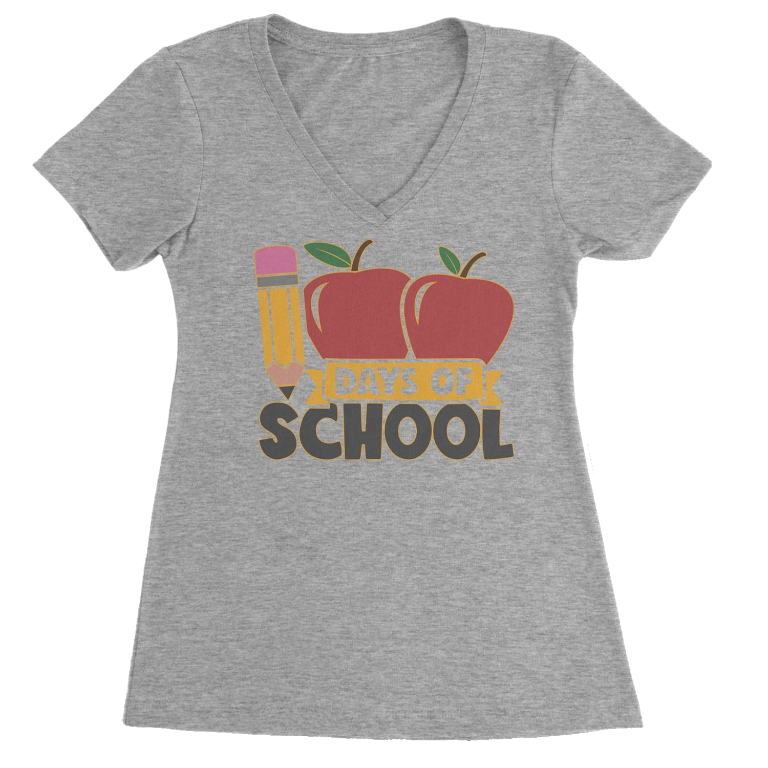 100 Days Of School Apple Pencil Ladies V-Neck T-shirt Heather Grey