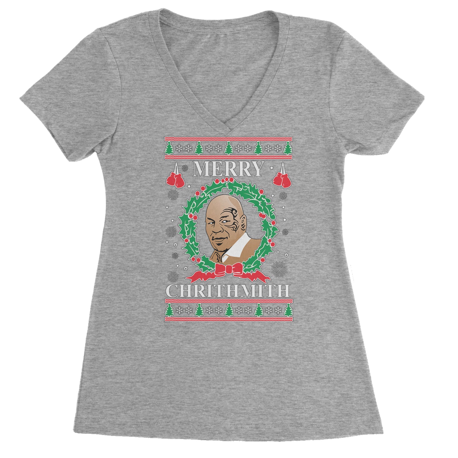 Merry Chrithmith Ugly Christmas Ladies V-Neck T-shirt Heather Grey