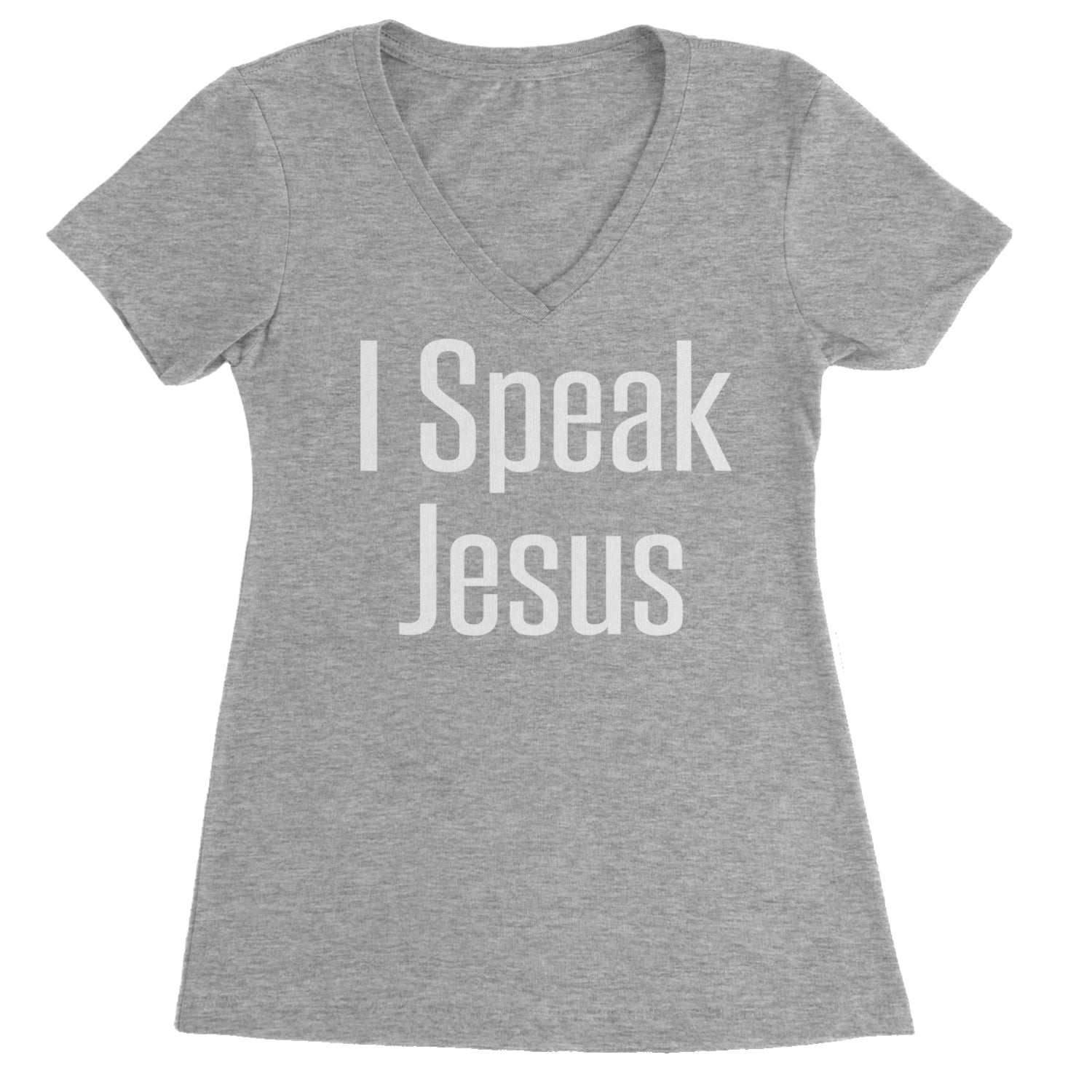 I Speak Jesus Embrace Your Faith Ladies V-Neck T-shirt Heather Grey