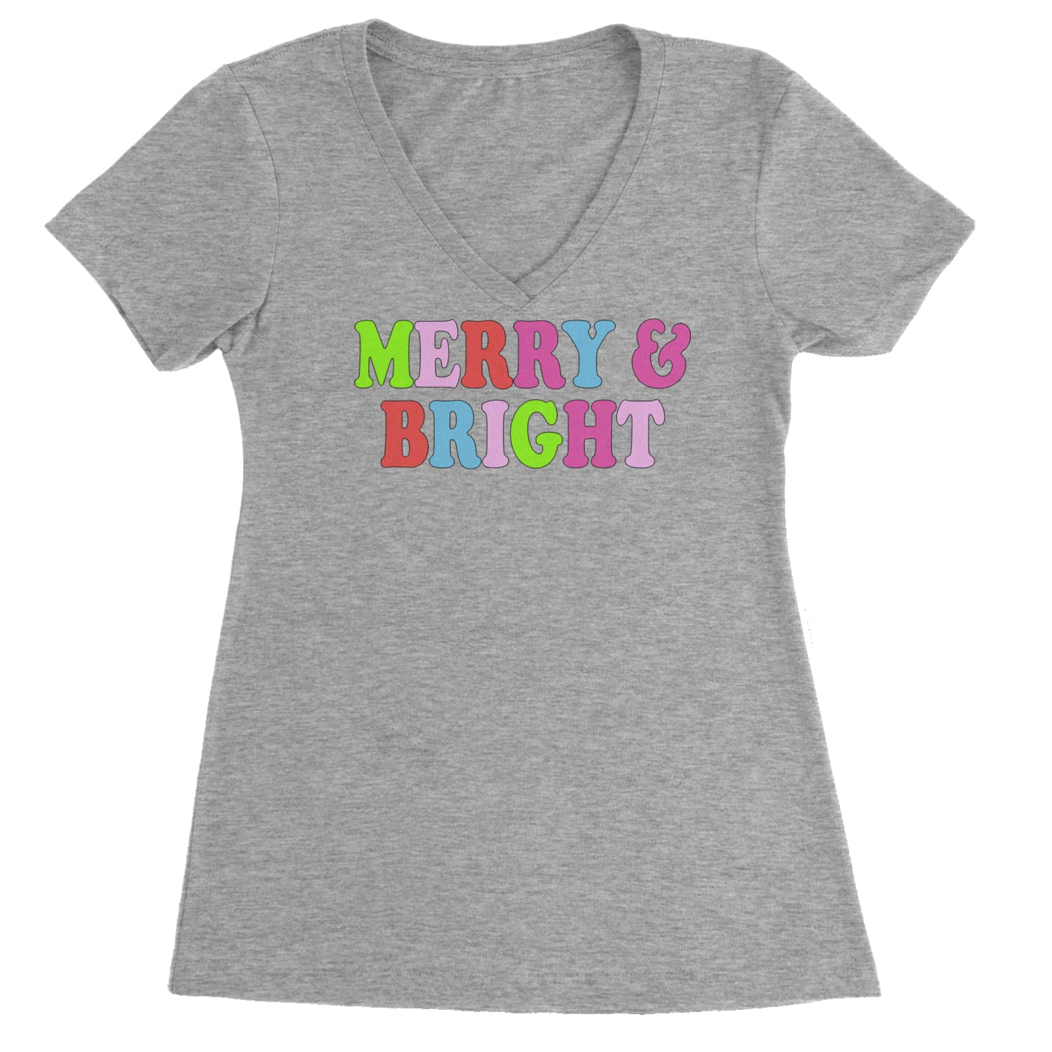 Merry and Bright Festive Christmas Holiday Ladies V-Neck T-shirt Heather Grey