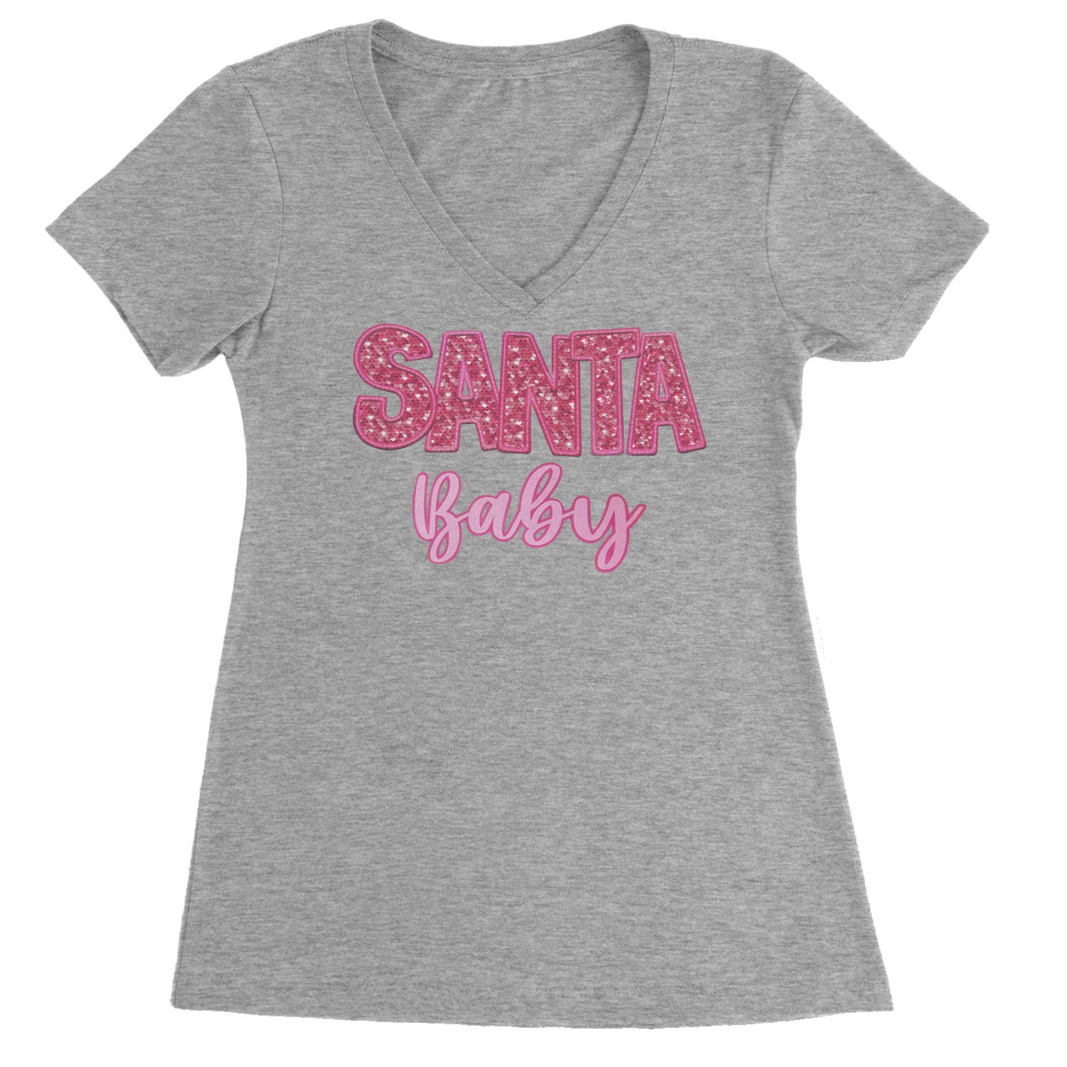 Santa Baby Faux Patch and Sequins Ladies V-Neck T-shirt Heather Grey