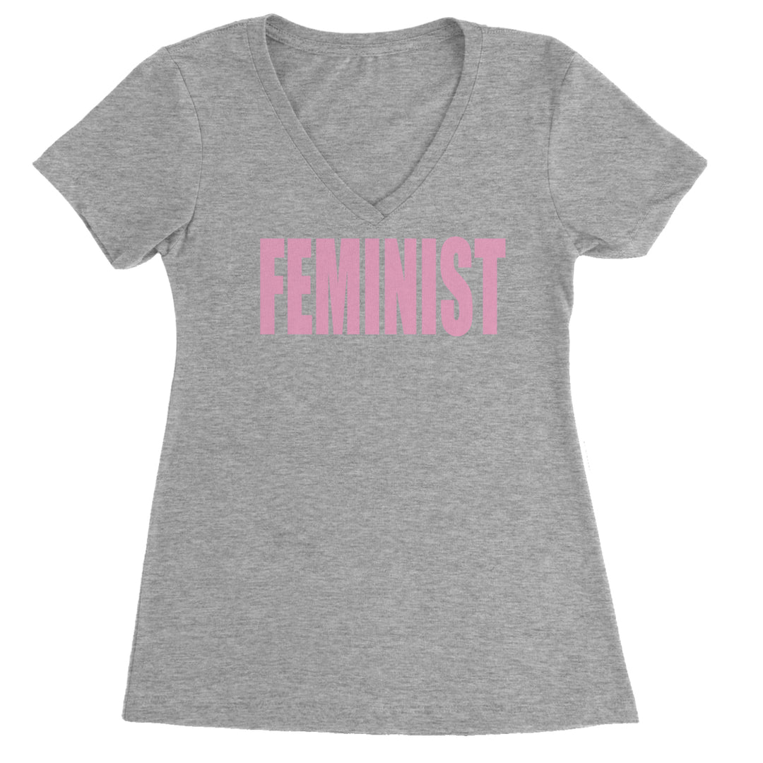 Feminist (Pink Print) Ladies V-Neck T-shirt Heather Grey
