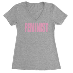 Feminist (Pink Print) Ladies V-Neck T-shirt Heather Grey