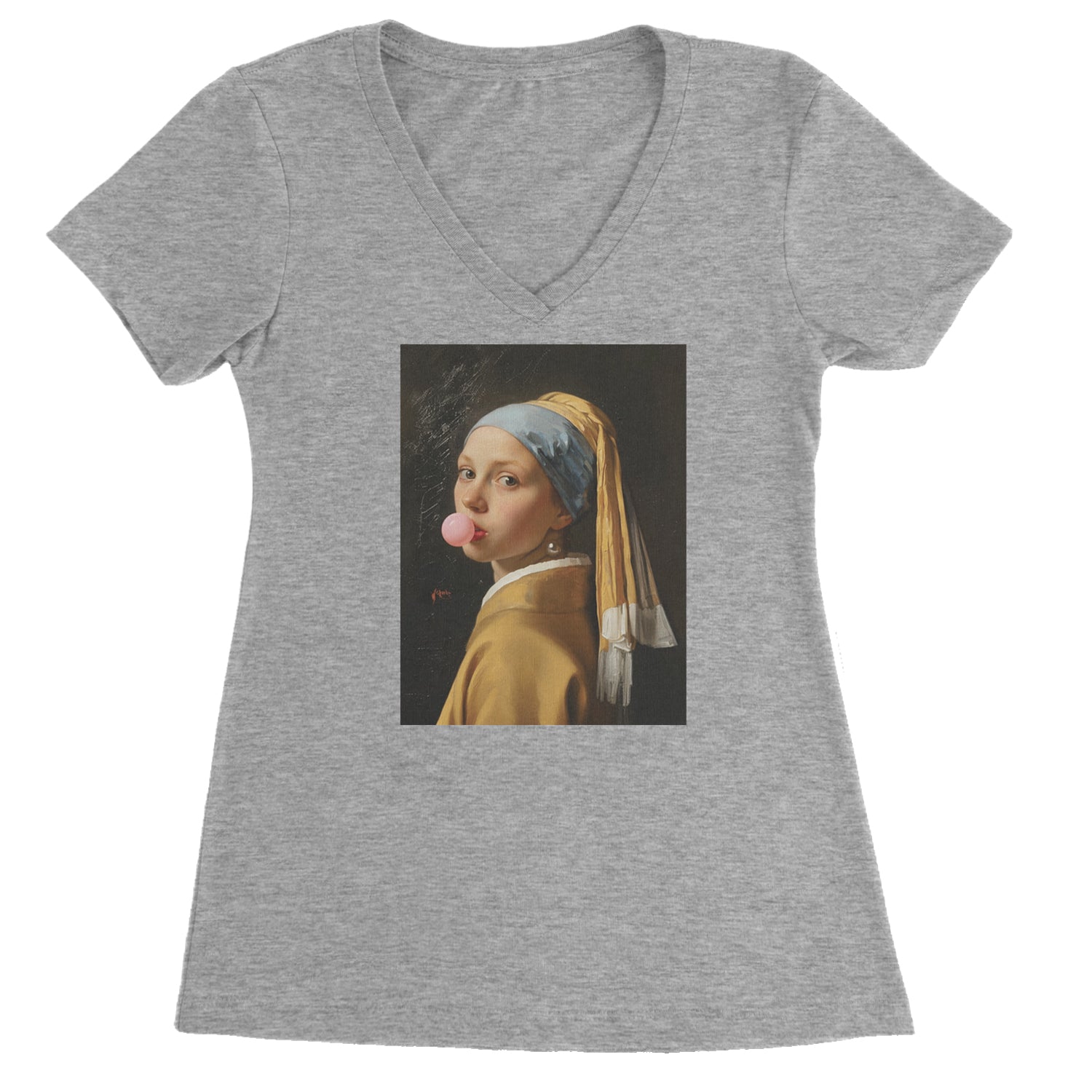 Girl with a Pearl Earring Bubble Gum Contemporary Art Ladies V-Neck T-shirt Heather Grey