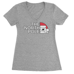 The North Pole Santa Face Ladies V-Neck T-shirt Heather Grey