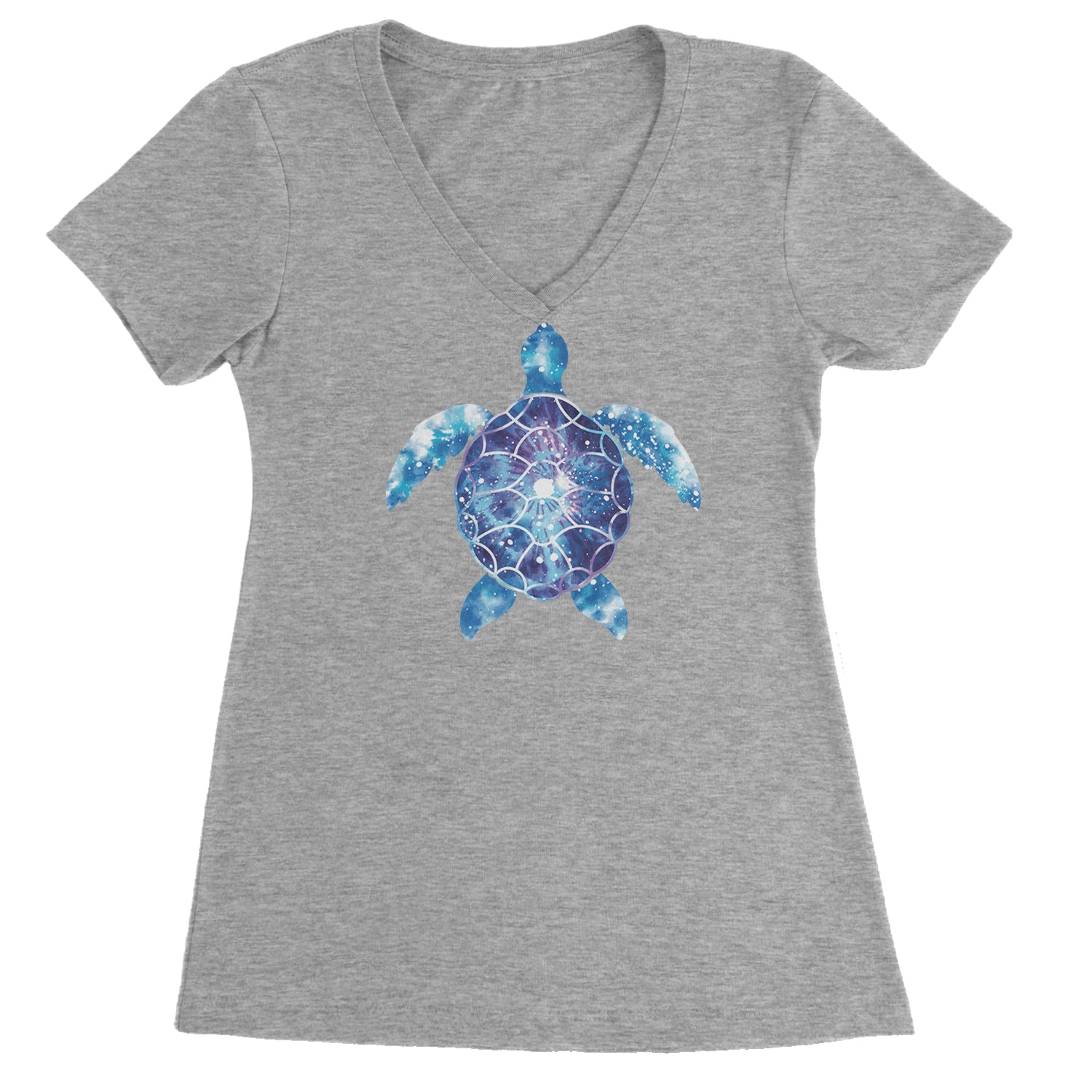 Ocean Aura Tie-Dye Sea Turtle Ladies V-Neck T-shirt Heather Grey