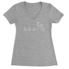 Hunting Heartbeat Deer Hunter Buck Stag Antlers  Ladies V-Neck T-shirt Heather Grey