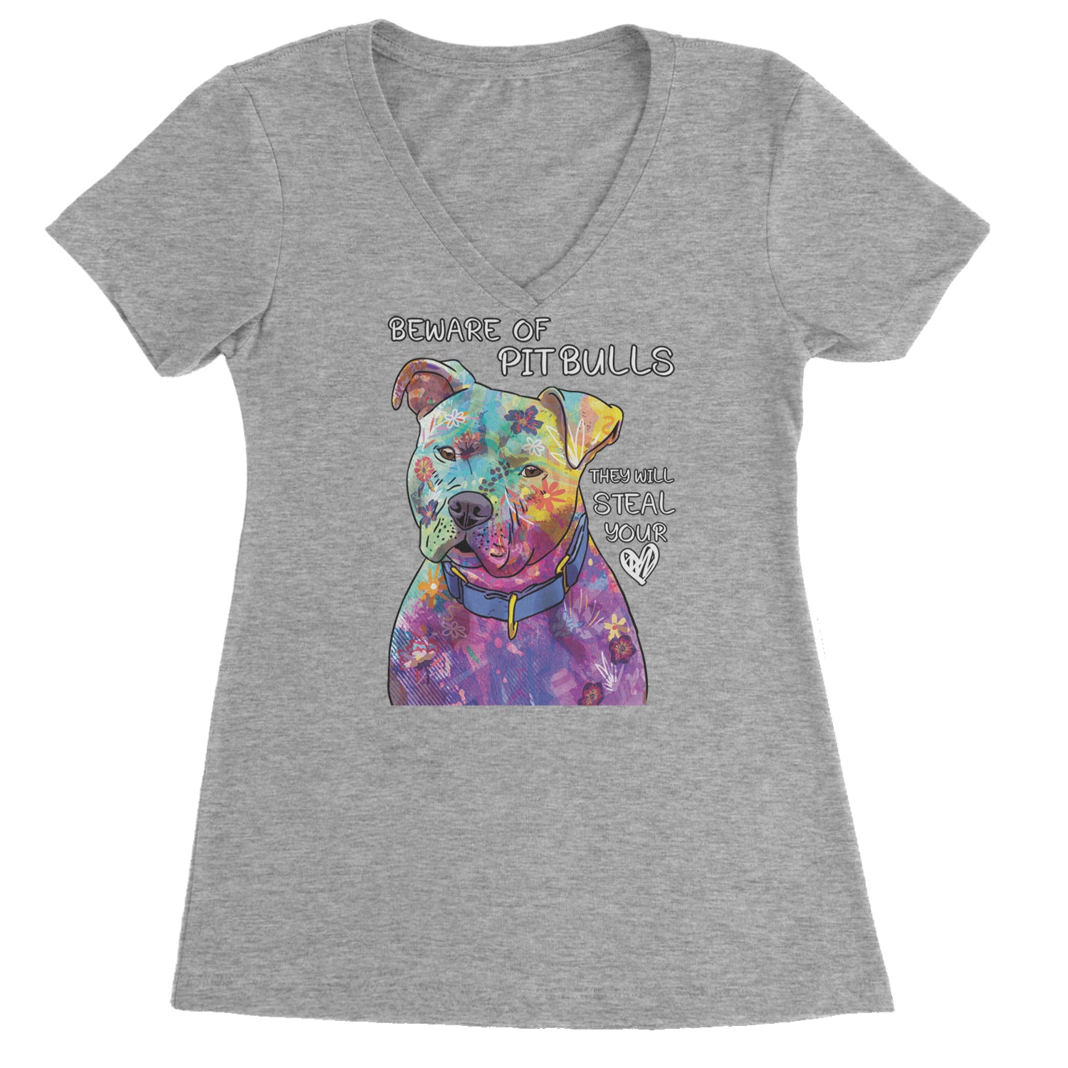 Beware Of Pit Bulls, They Will Steal Your Heart  Ladies V-Neck T-shirt Heather Grey