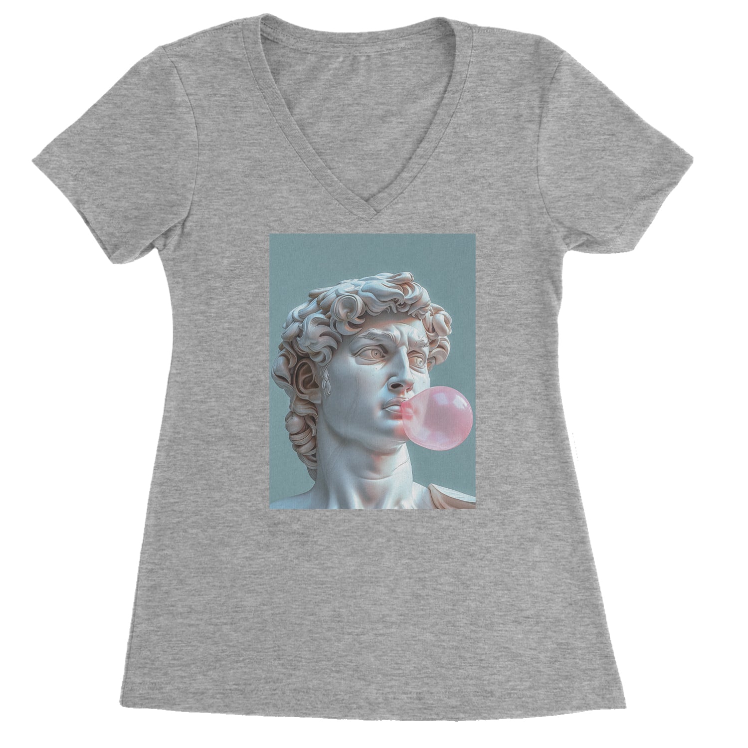 Michelangelo's David with Bubble Gum Contemporary Statue Art Ladies V-Neck T-shirt Heather Grey