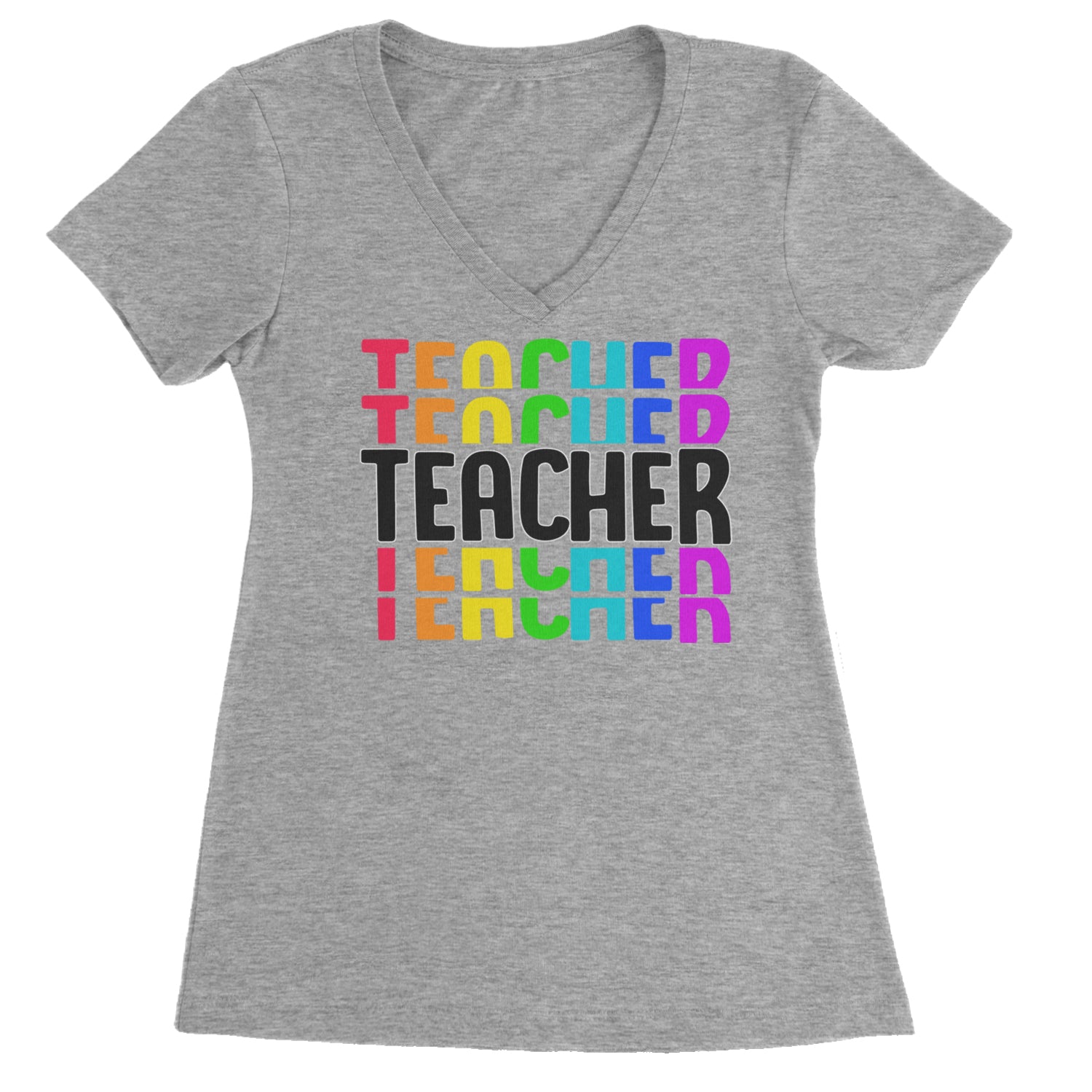 Teacher Repeated Rainbow Pattern Ladies V-Neck T-shirt Heather Grey