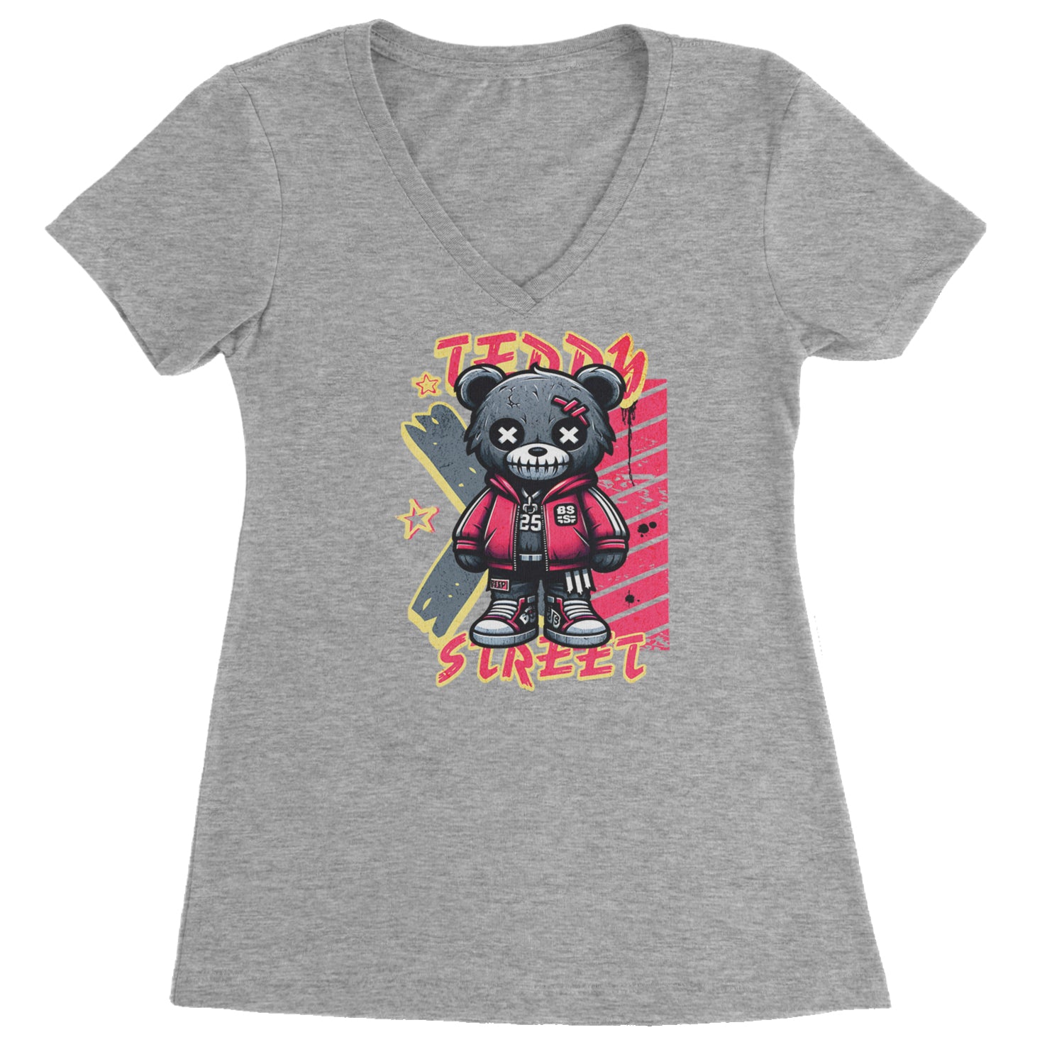 Teddy Attitude Urban Graffiti Bear Ladies V-Neck T-shirt Heather Grey
