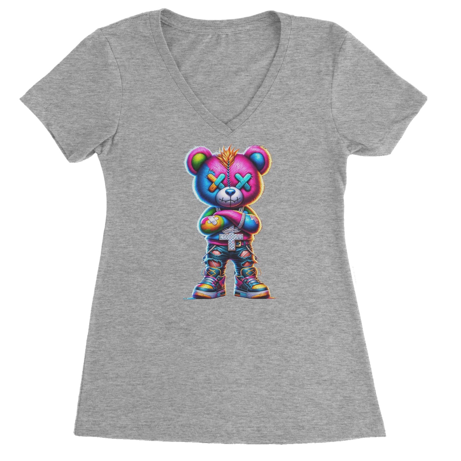 Stitched Neon Urban Graffiti Bear Ladies V-Neck T-shirt Heather Grey