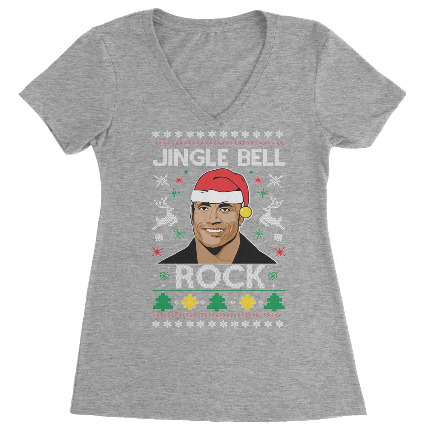 Jingle Bell Rock Ugly Christmas Ladies V-Neck T-shirt Heather Grey