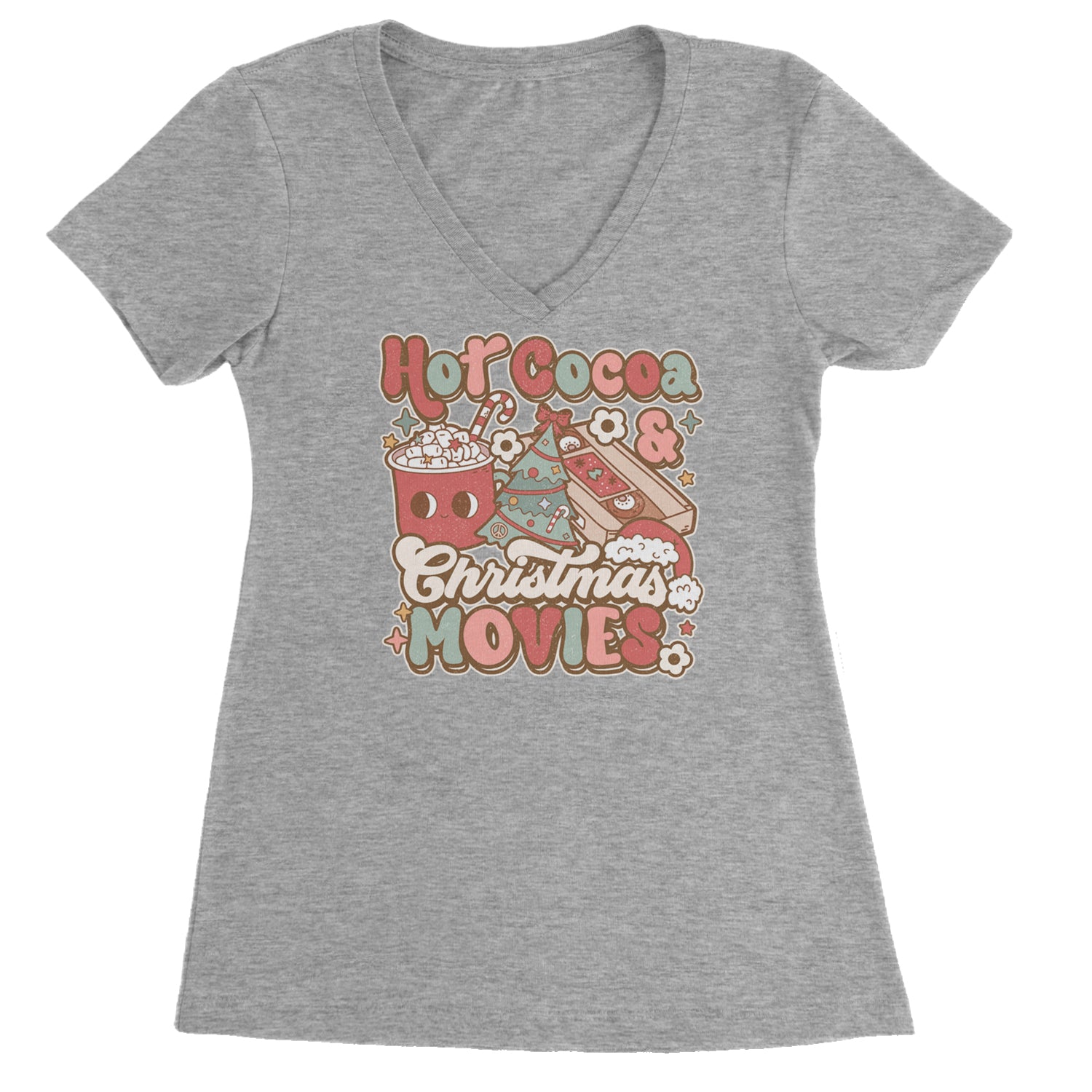 Hot Cocoa And Christmas Movies Holiday Ladies V-Neck T-shirt Heather Grey