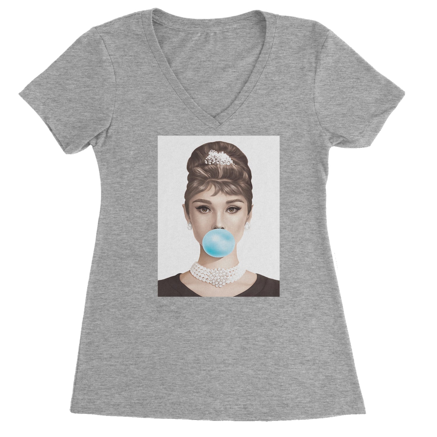 Audrey Hepburn Chewing Bubble Gum American Icon Ladies V-Neck T-shirt Heather Grey