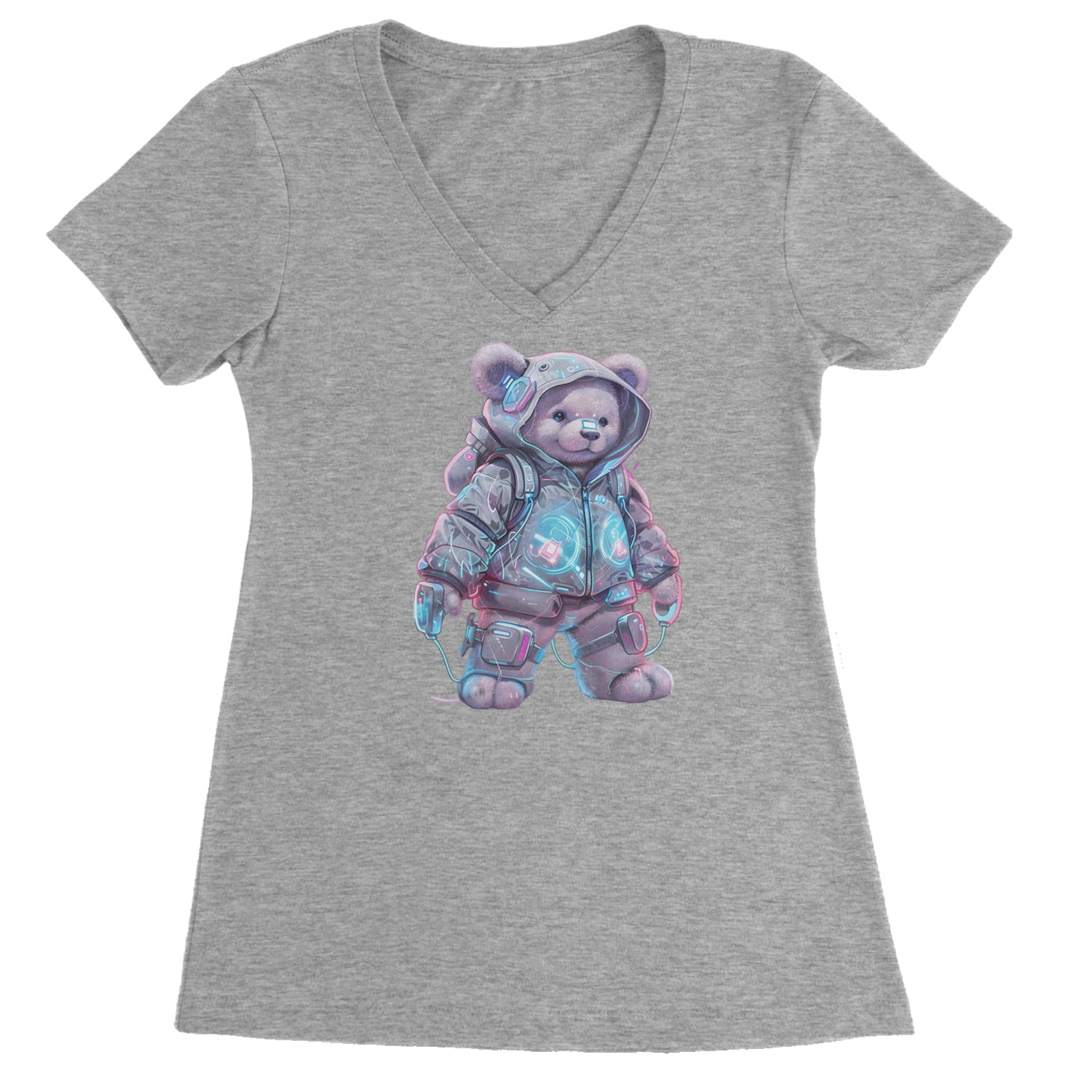 Cyberpunk Adventure Urban Graffiti Bear Ladies V-Neck T-shirt Heather Grey
