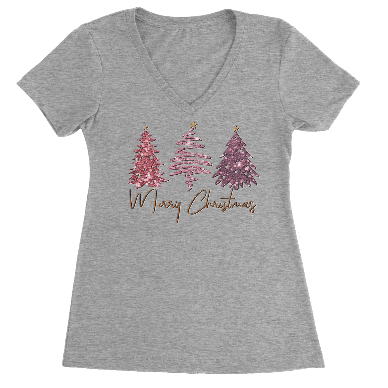 Merry Christmas Faux Glitter Trees Ladies V-Neck T-shirt Heather Grey