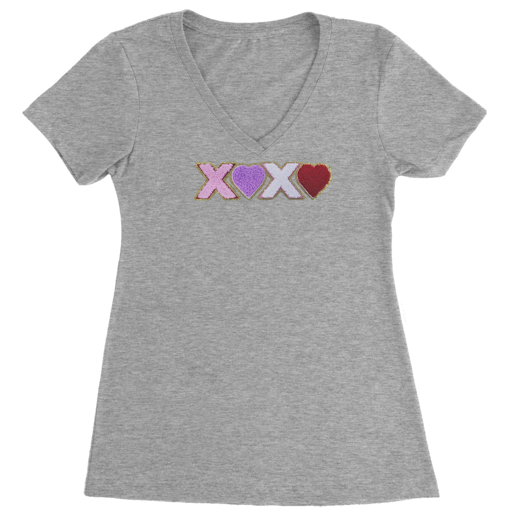 XOXO Chenille Patch Valentines Days Ladies V-Neck T-shirt Heather Grey