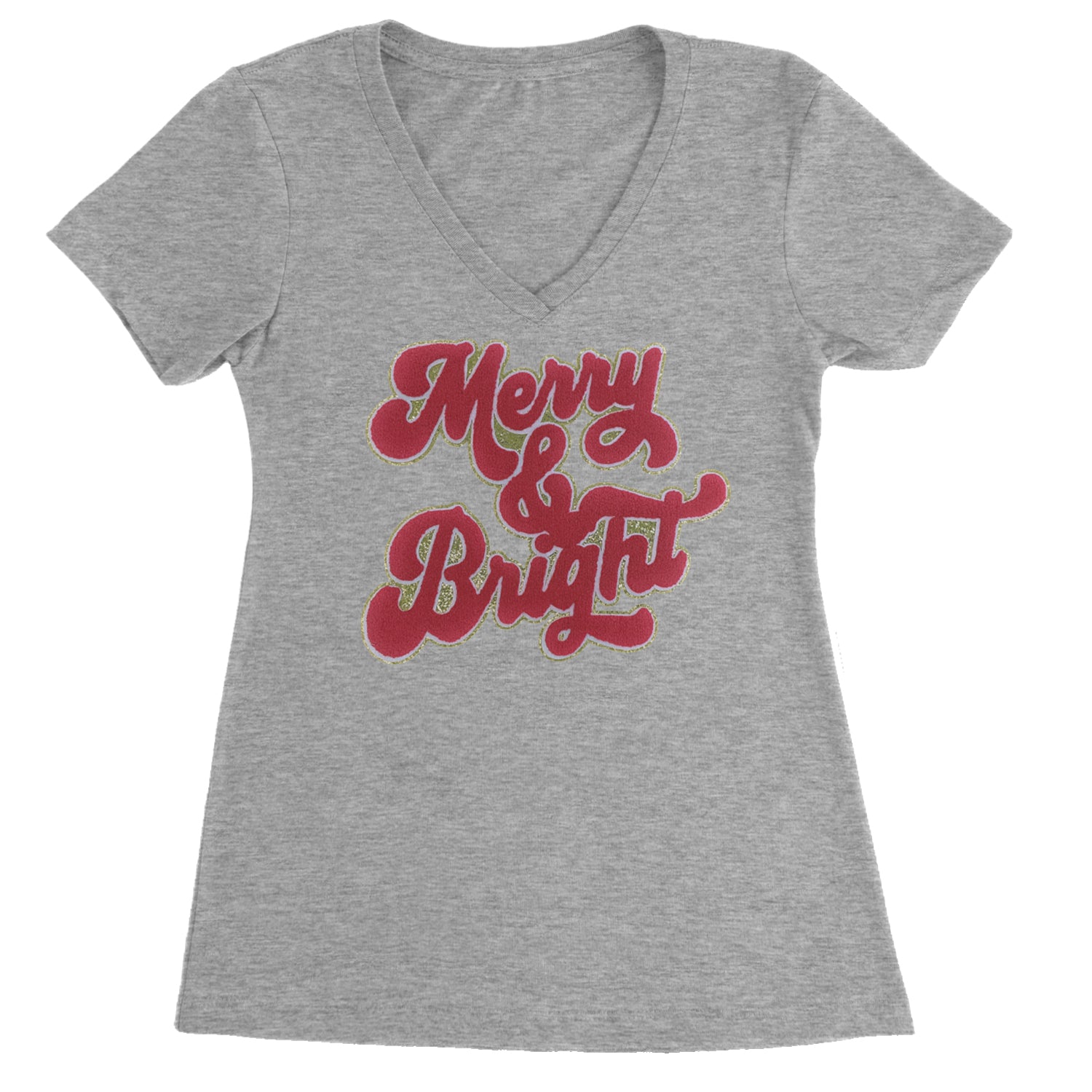 Merry & Bright Chenille Glitter Ladies V-Neck T-shirt Heather Grey