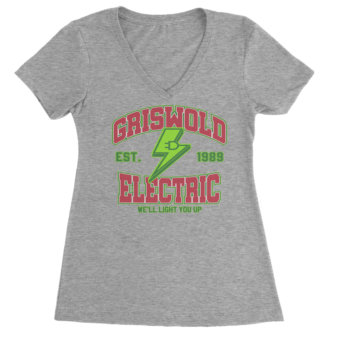 Griswold Electric We'll Light You Up Ladies V-Neck T-shirt Heather Grey