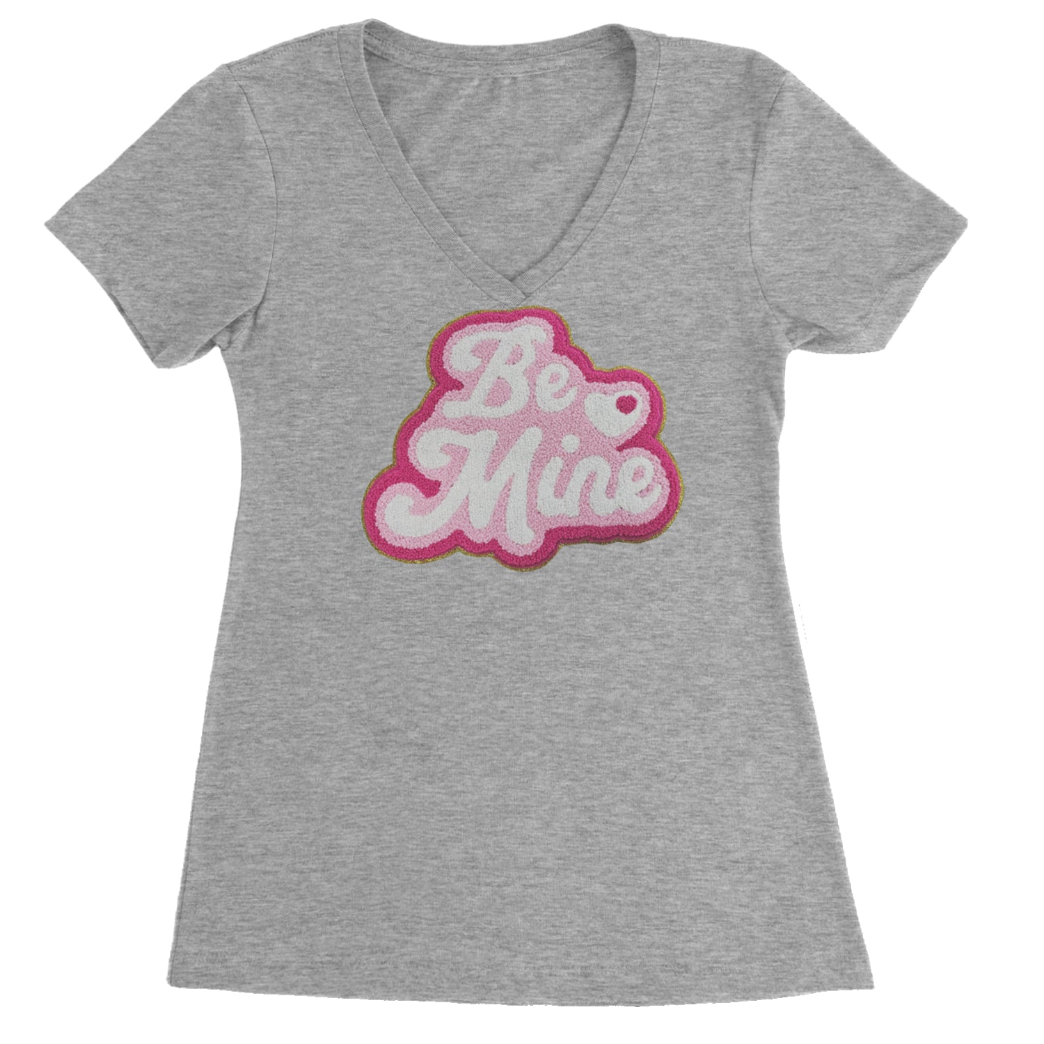 Be Mine Chenille Patch Valentines Days Ladies V-Neck T-shirt Heather Grey