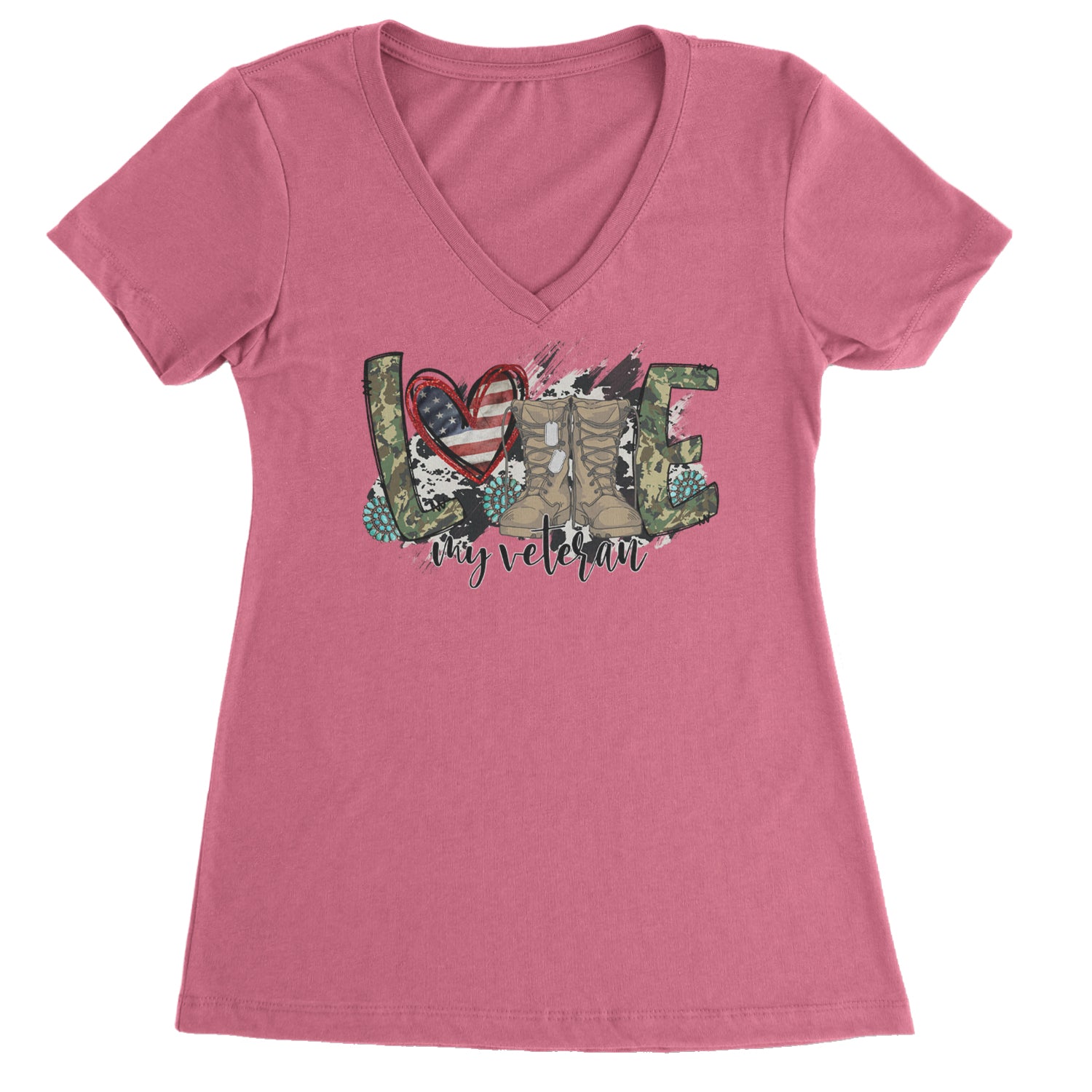 Love My Veteran Honor Veterans Day Ladies V-Neck T-shirt Hot Pink