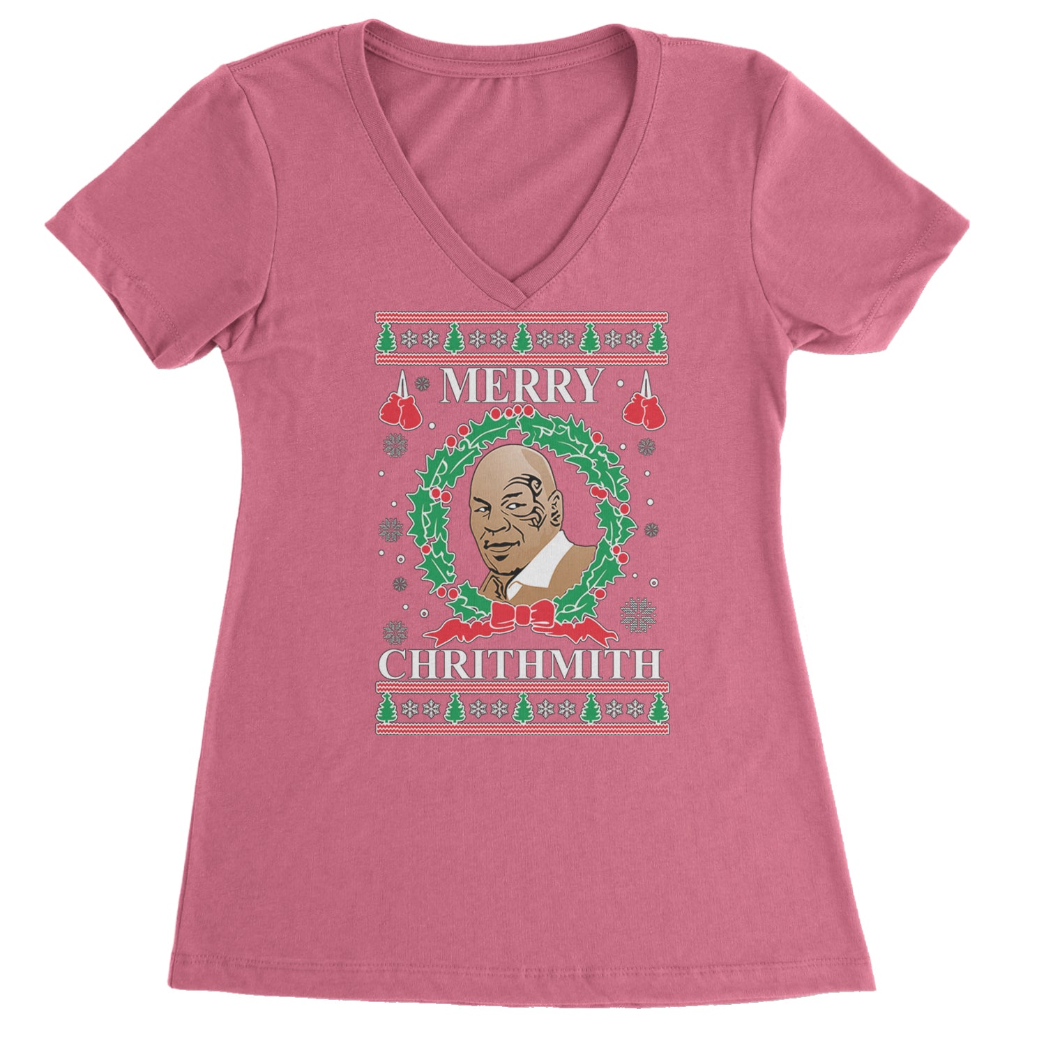 Merry Chrithmith Ugly Christmas Ladies V-Neck T-shirt Hot Pink