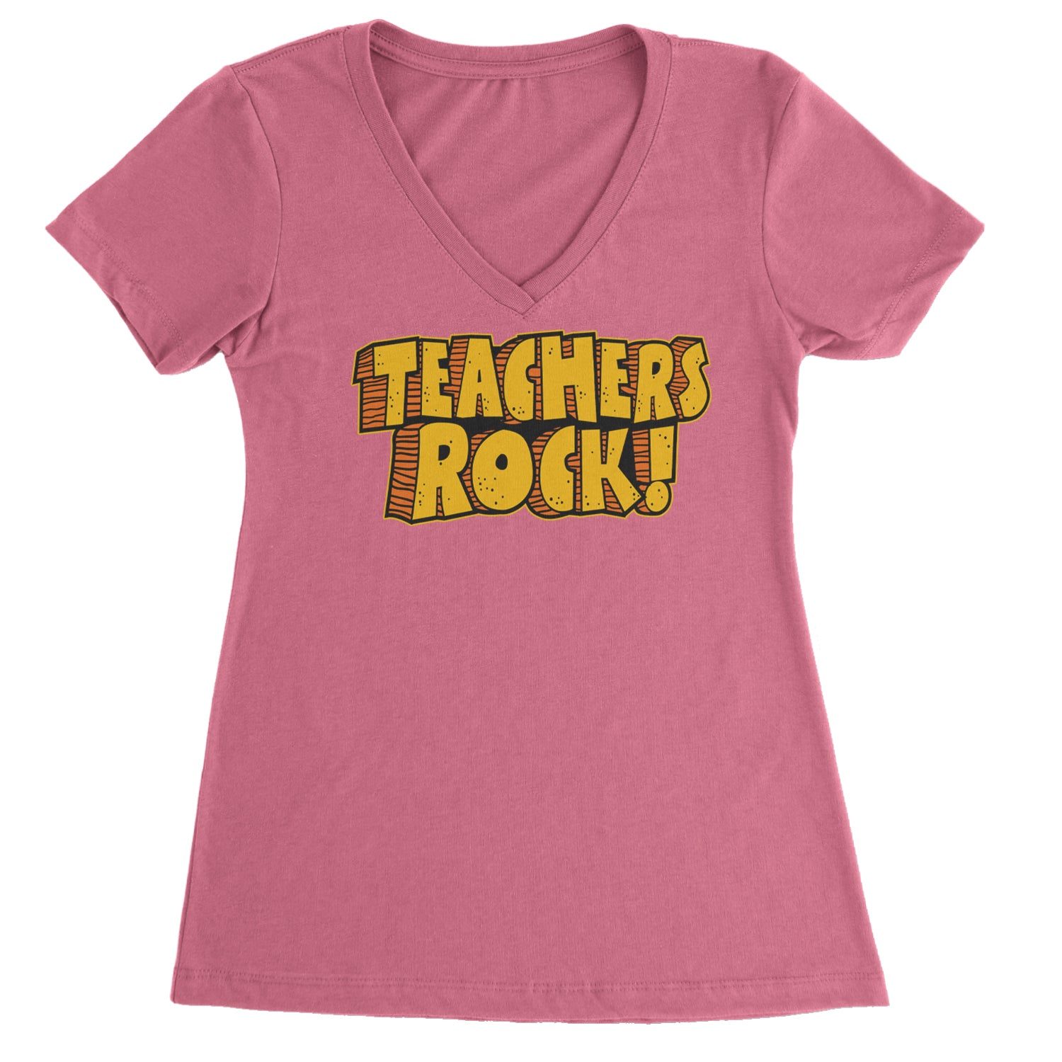 Teachers Rock Retro Ladies V-Neck T-shirt Hot Pink