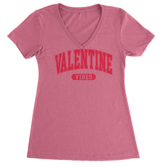 Valentines Vibes Ladies V-Neck T-shirt Hot Pink