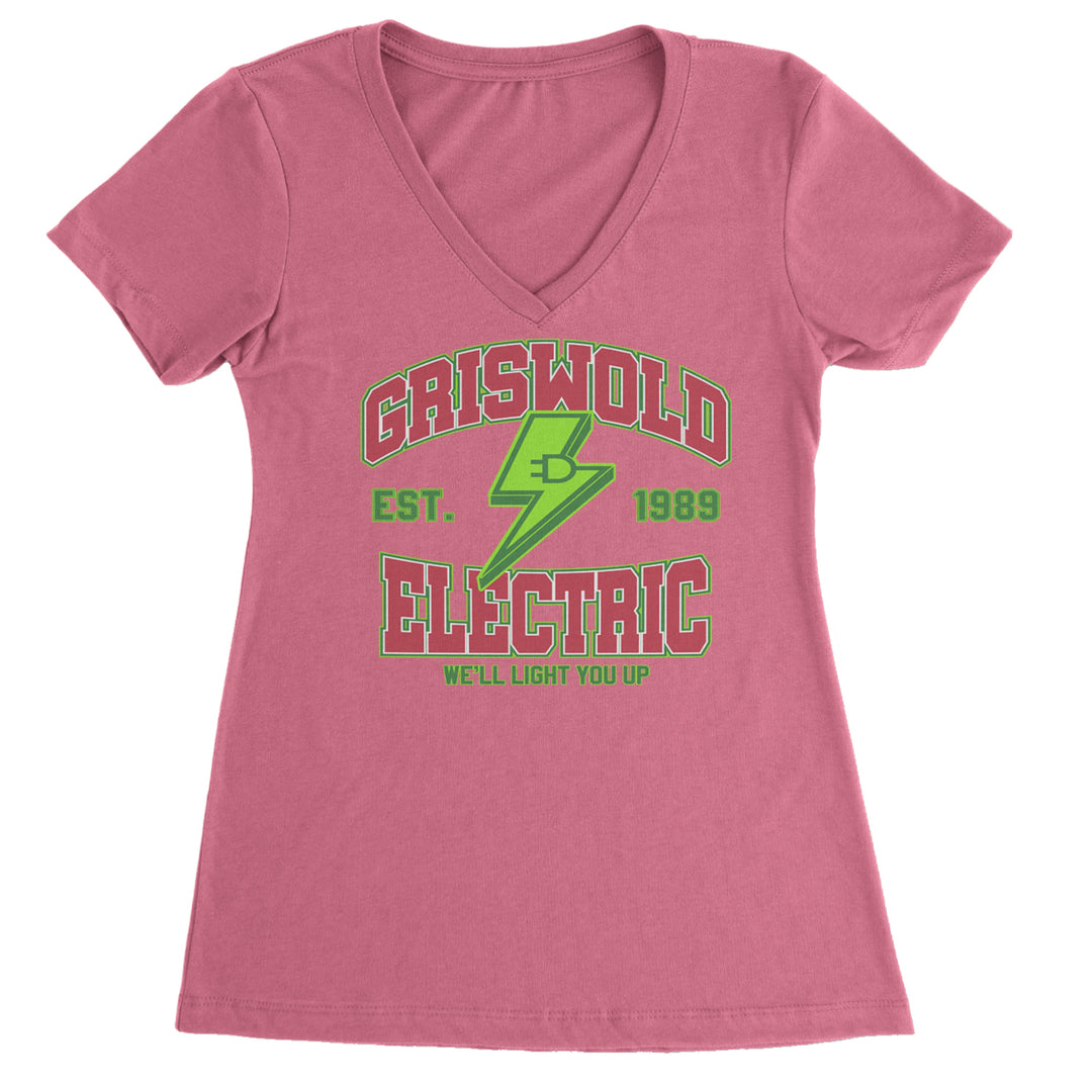 Griswold Electric We'll Light You Up Ladies V-Neck T-shirt Hot Pink