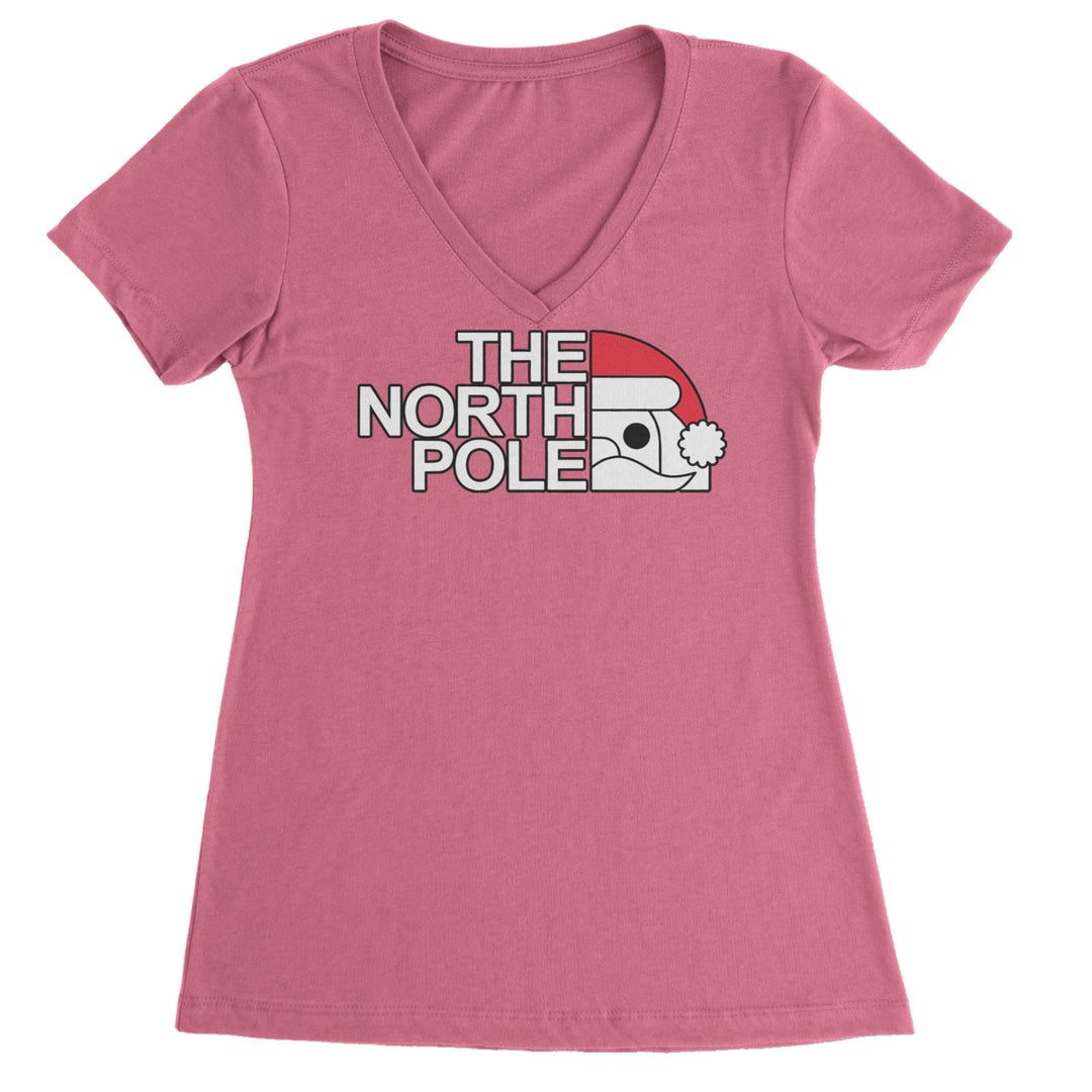 The North Pole Santa Face Ladies V-Neck T-shirt Hot Pink